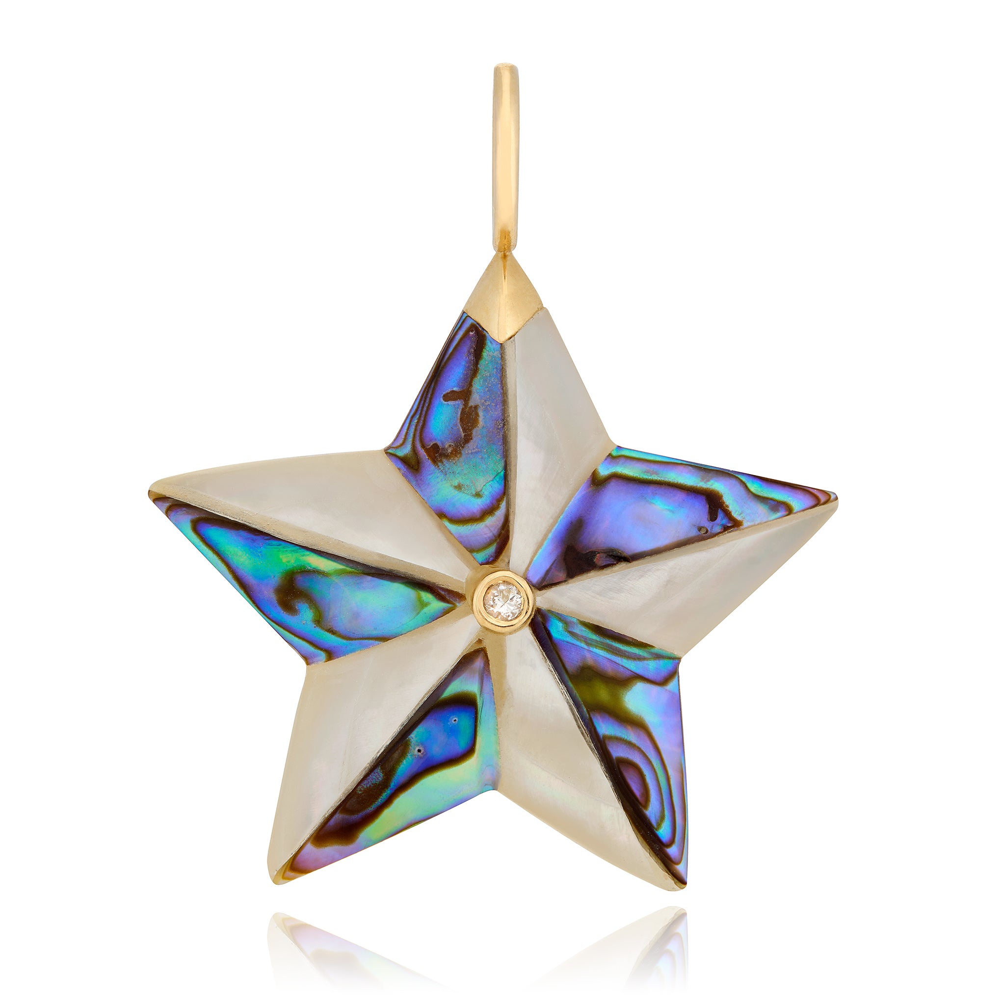 Star-shaped pendant with abalone shell inlay, 14K gold accents, and a diamond designed by Maura Green Jewelry.
