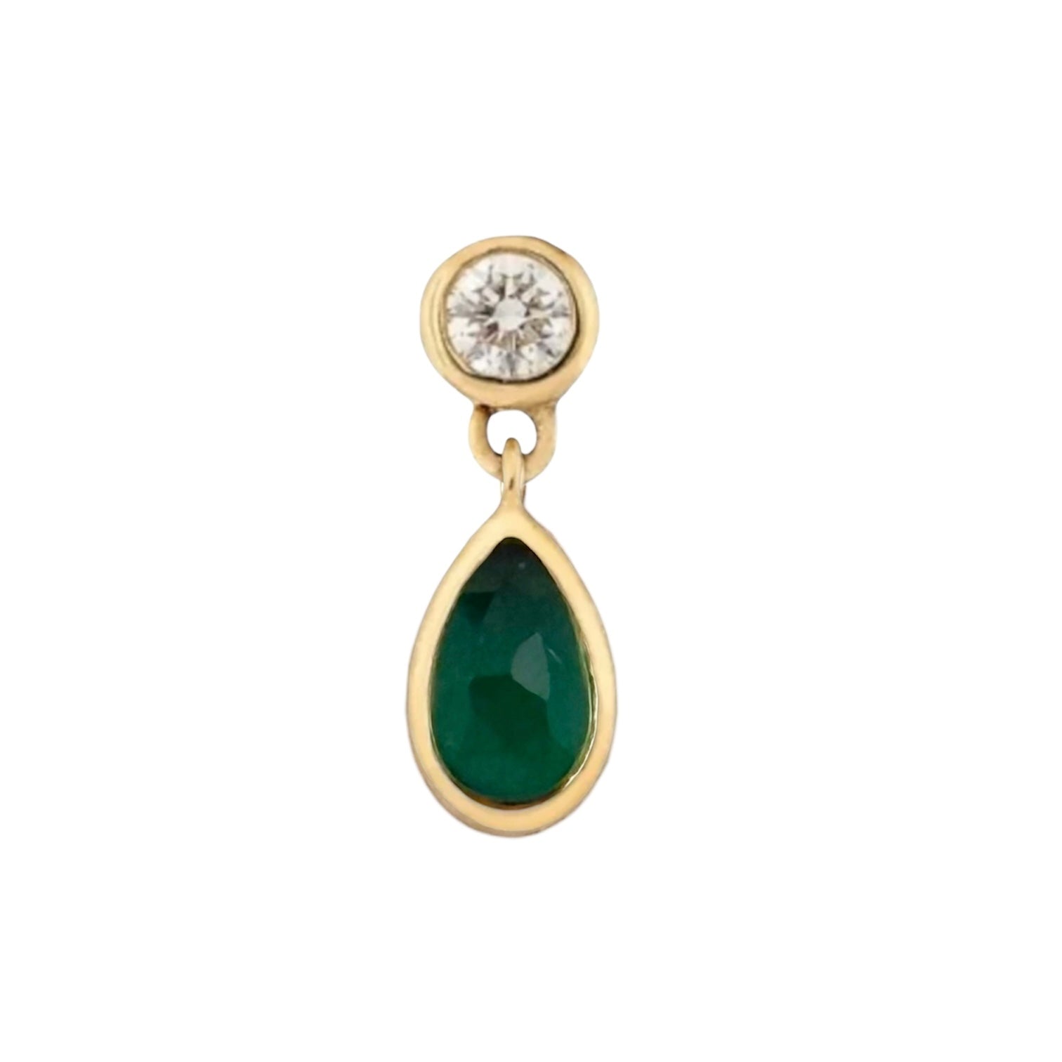 Gold dangle stud earring with green emerald teardrop gemstone and a white diamond on a white background, designed by Maura Green Jewelry.