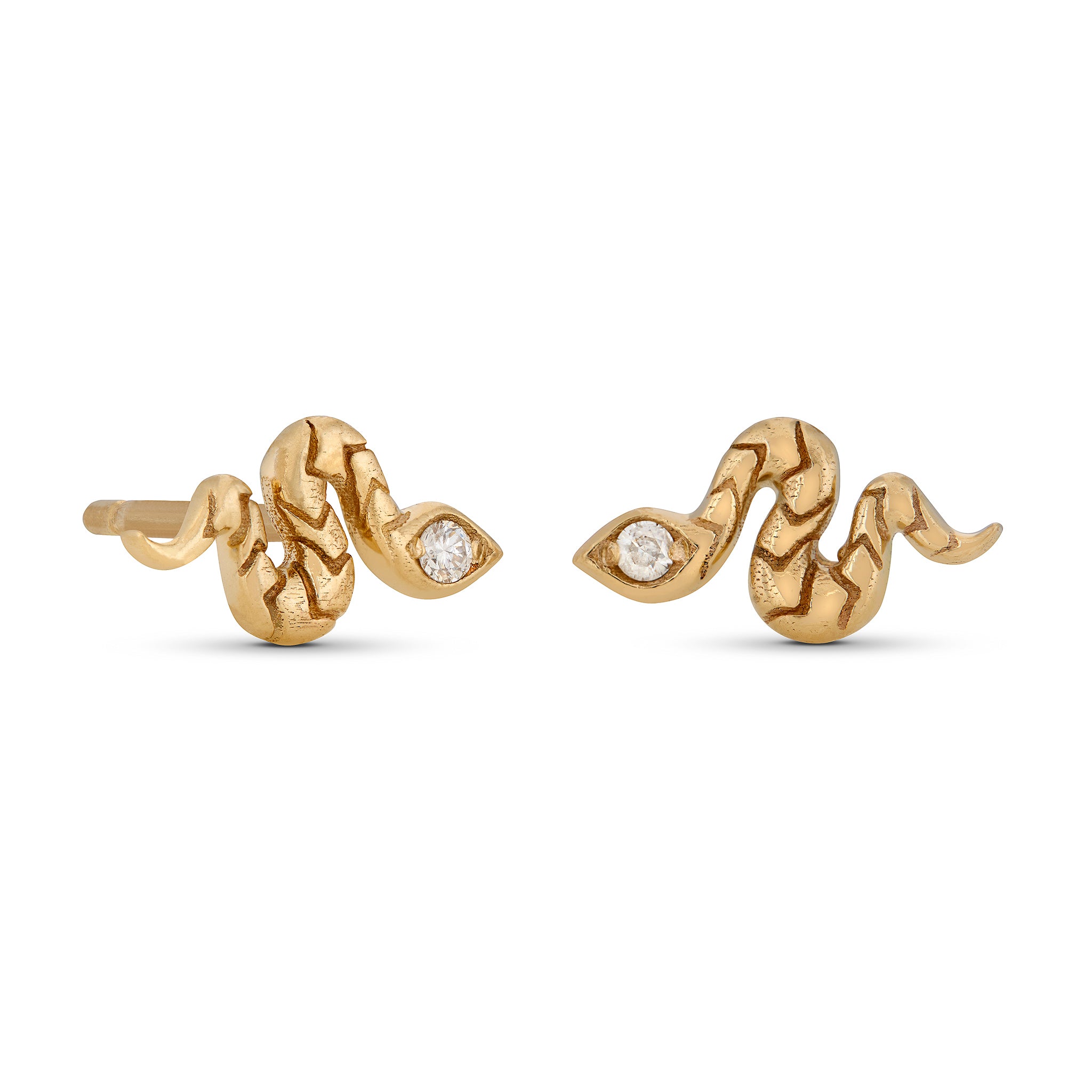 Small yellow gold snake-shaped stud earrings with a chevron texture on the body and embedded diamonds in the snake's head on a white background