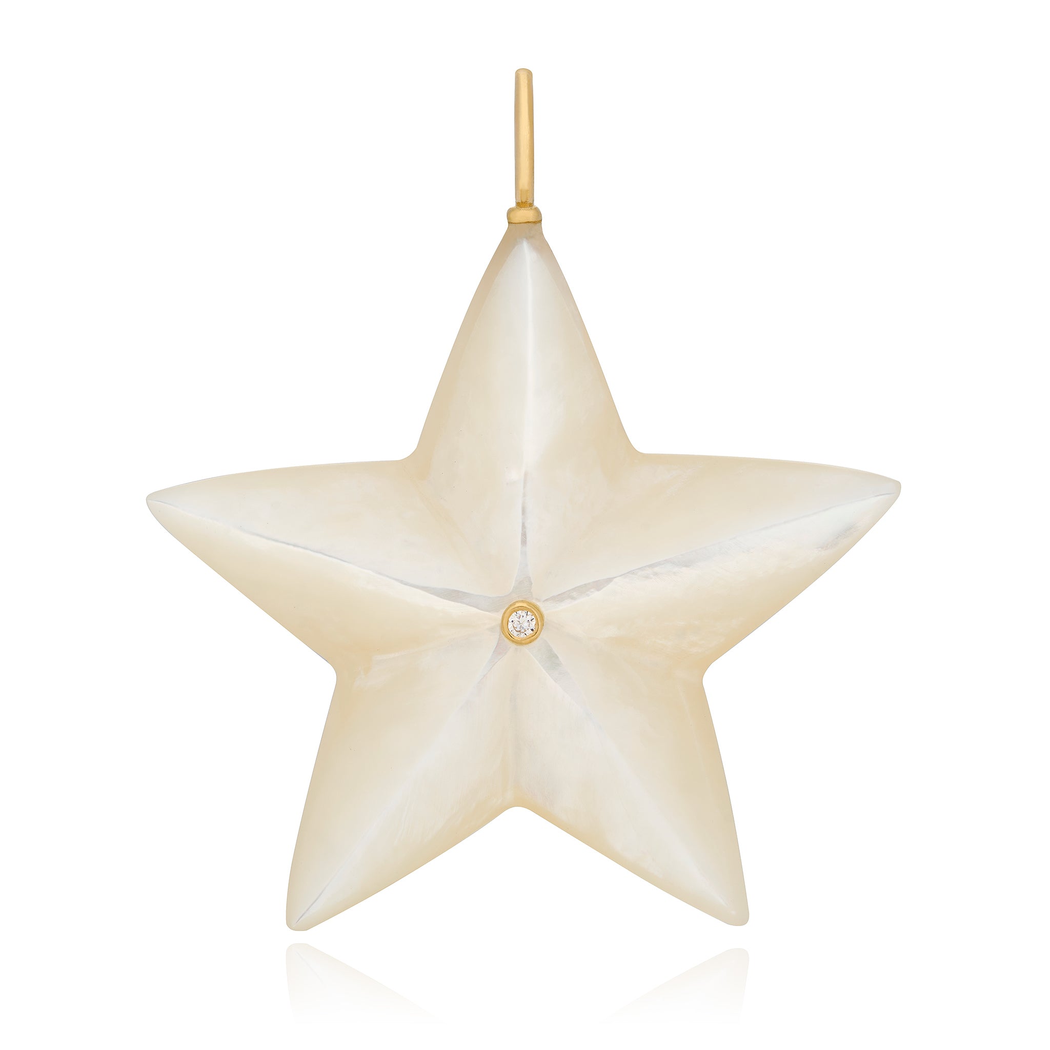 Large mother of pearl star with diamond and 14K gold designed by Maura Green Jewlery