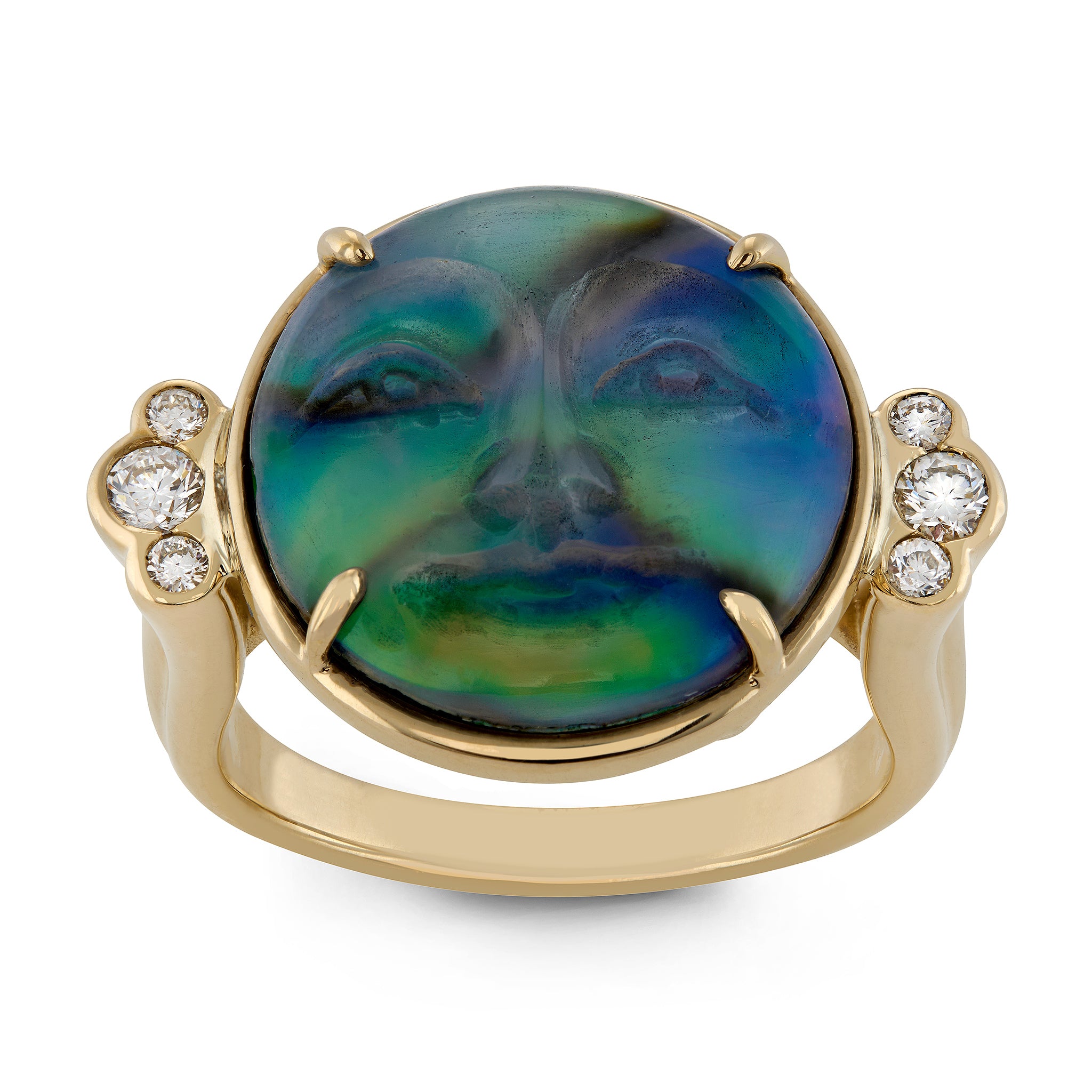 Gold ring with a face design and diamond accents designed by Maura Green