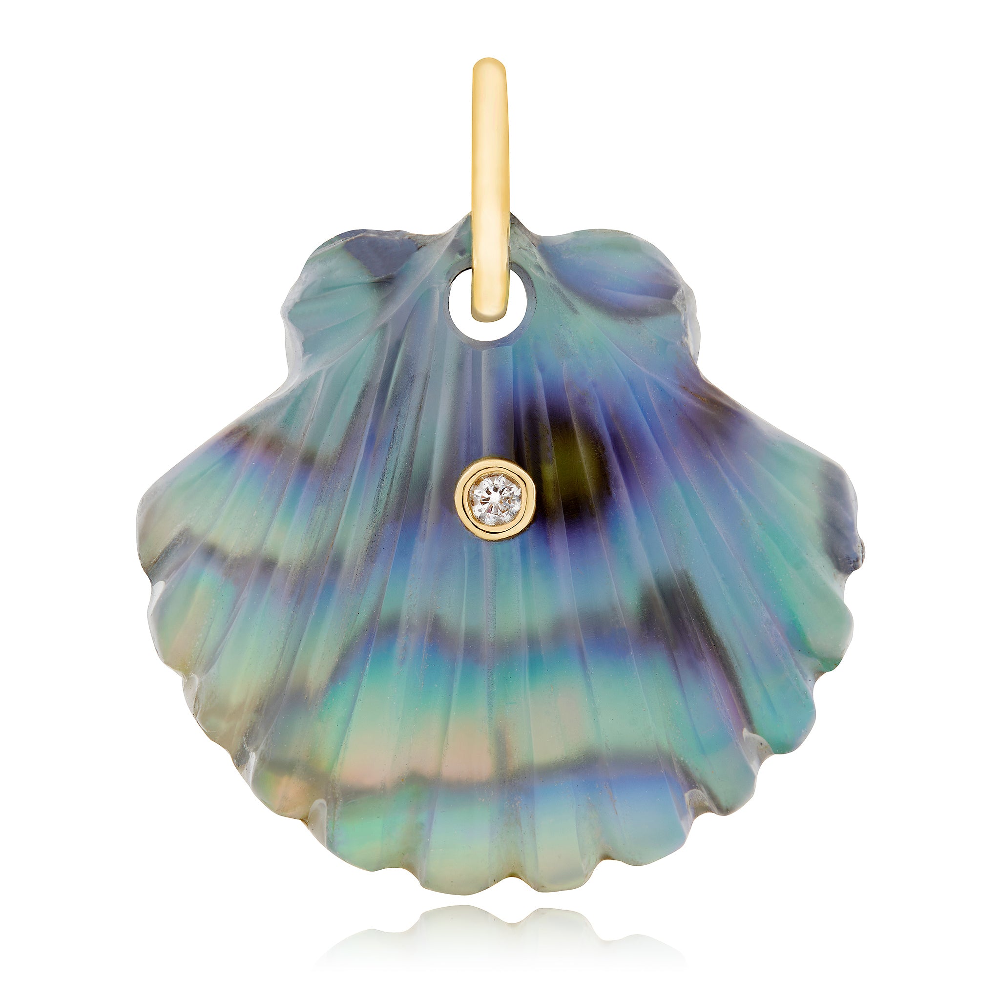 Hand carved luminescent scallop necklace charm with diamond in a 14k gold inlay designed by Maura Green