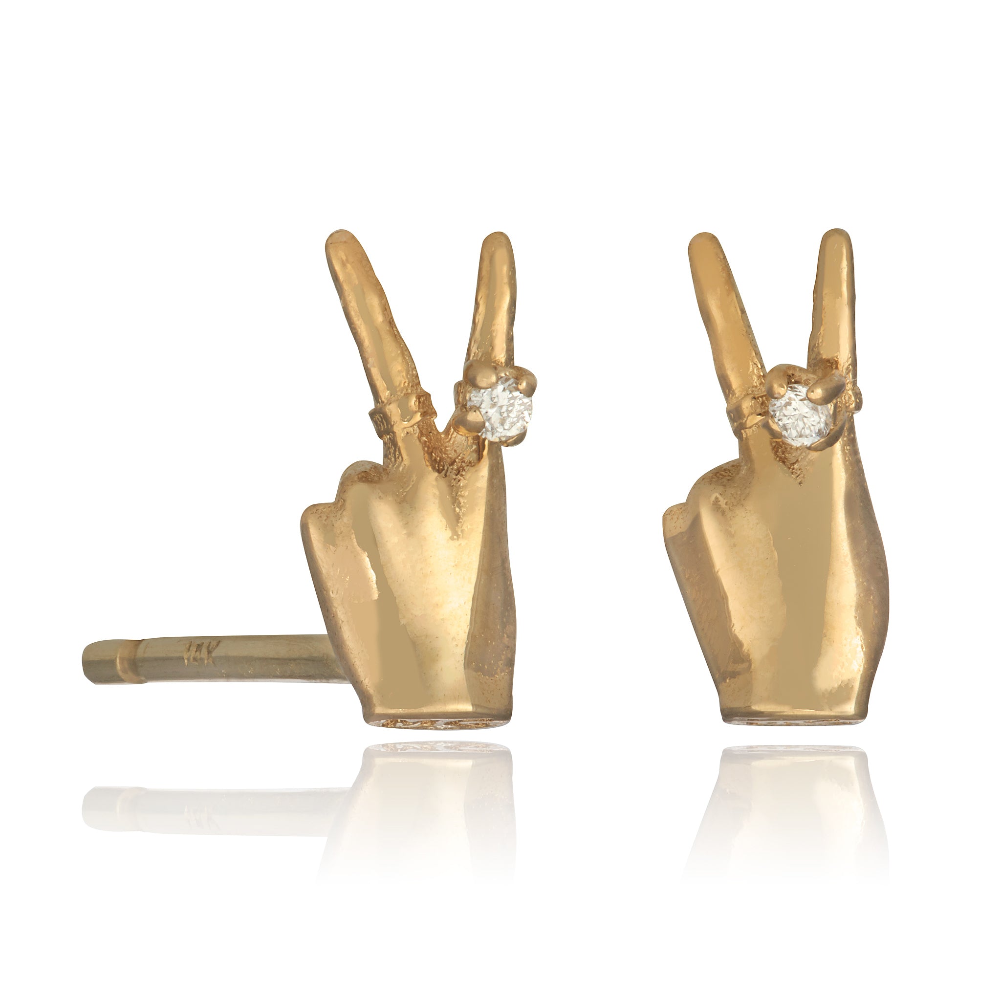 A pair of yellow gold stud earrings designed in the shape of hands making a peace sign, featuring diamonds set within a ring on the hand designed by Maura Green Jewelry