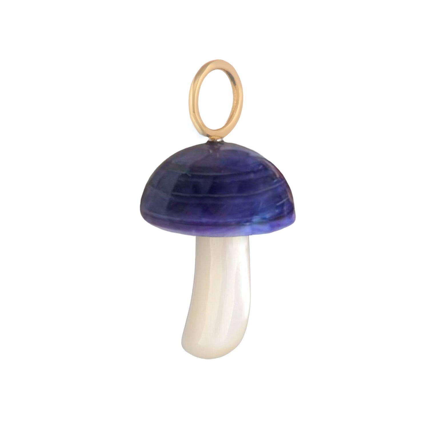 Mushroom-shaped pendant with purple cap and white stem designed by Maura Green