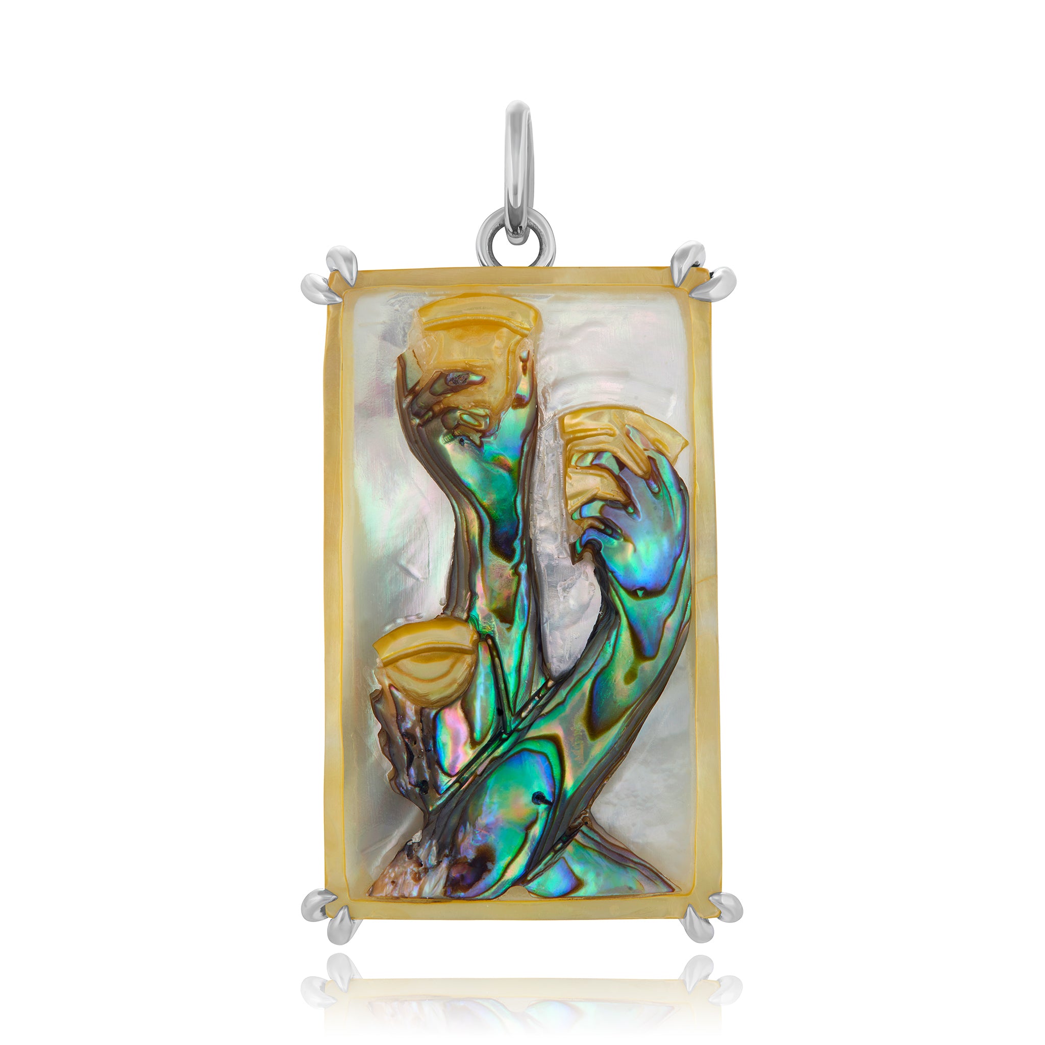 A sterling silver pendant featuring a hand carved abalone and mother of pearl tarot card design with the Three of Cups meaning designed by Maura green.