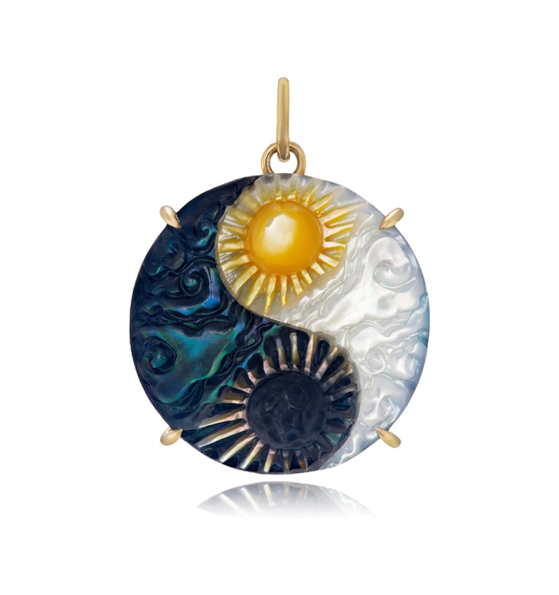 Sun and Moon themed Yin Yang charm featuring a black mother of pearl moon and a golden mother of pearl sun on opposite ends with a gold bail against a white background.