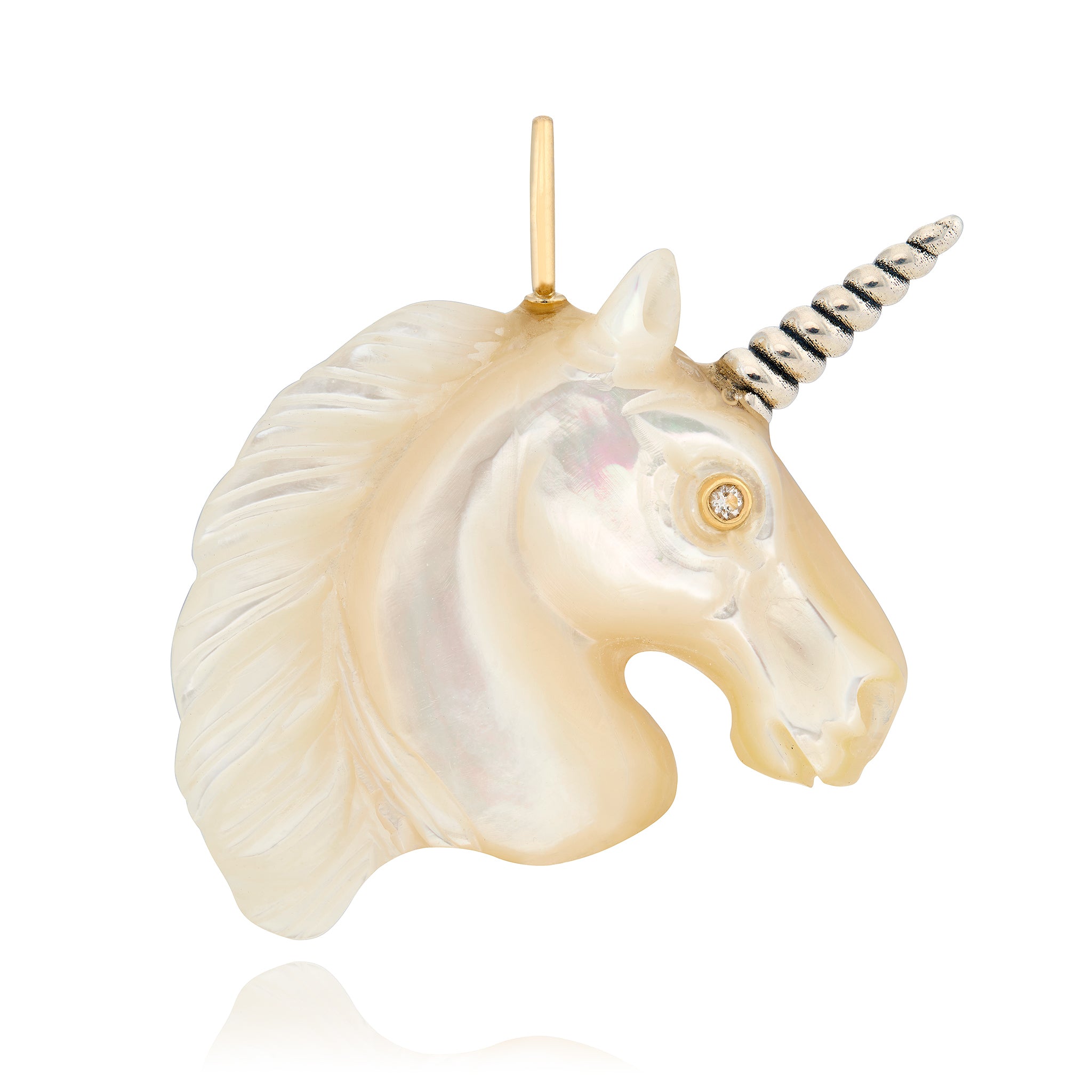 Unicorn head charm with a silver horn, gold accents, and diamond eyes on a white background