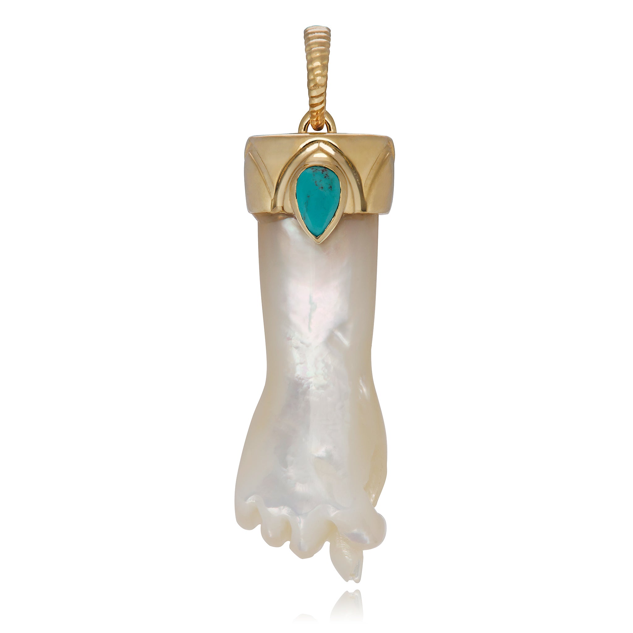 A hand-carved mano figa with white mother of pearl and turquoise, set in 14K yellow gold, with a pear-shaped natural turquoise at its center designed by Maura Green