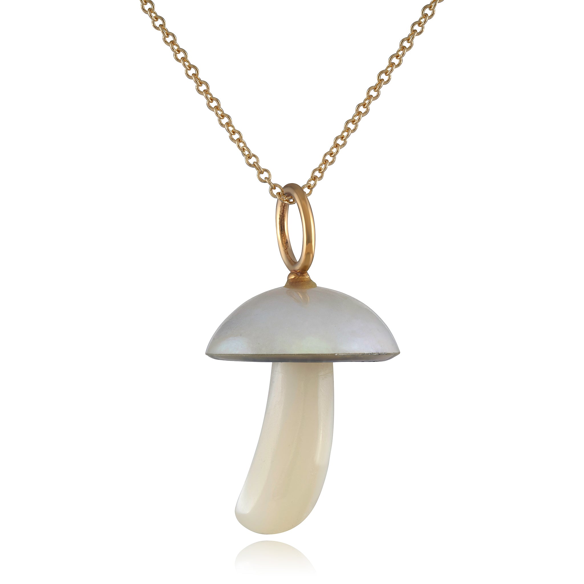 A white mabe pearl mushroom charm with a 14K yellow gold bale, featuring a white mother of pearl stem and abalone underside, designed by Maura Green