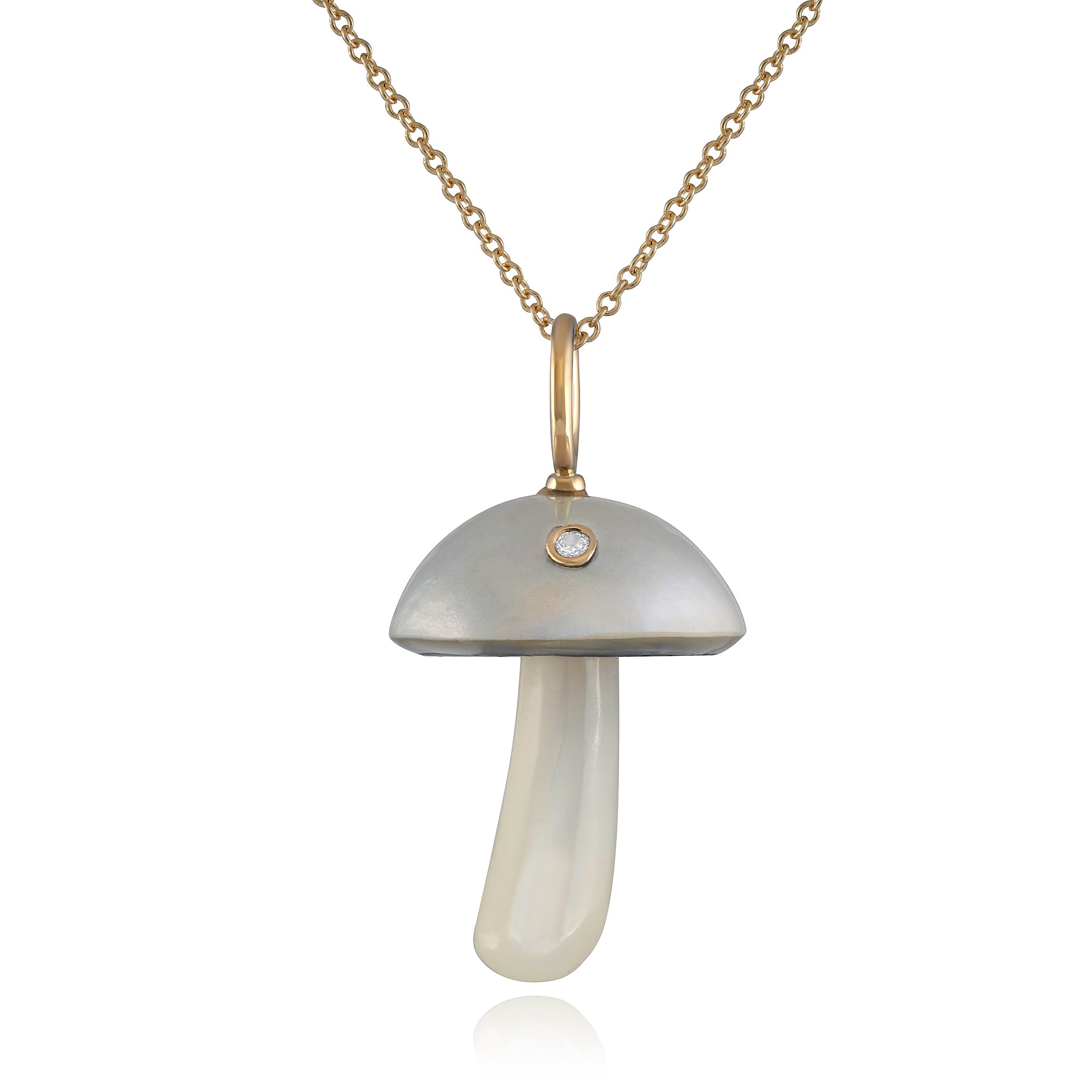 A white pearl mushroom charm with a yellow gold bale and a diamond in the center, designed by Maura Green