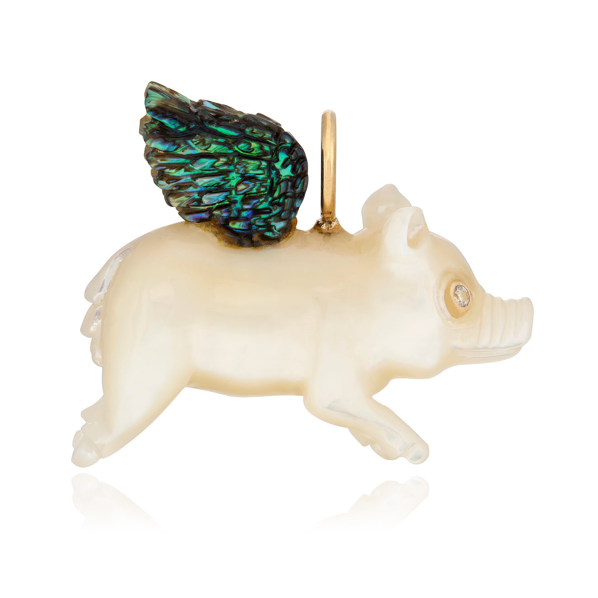 Mother of pearl flying pig jewelry charm with diamonds and 14K gold designed by maura green jewelry.