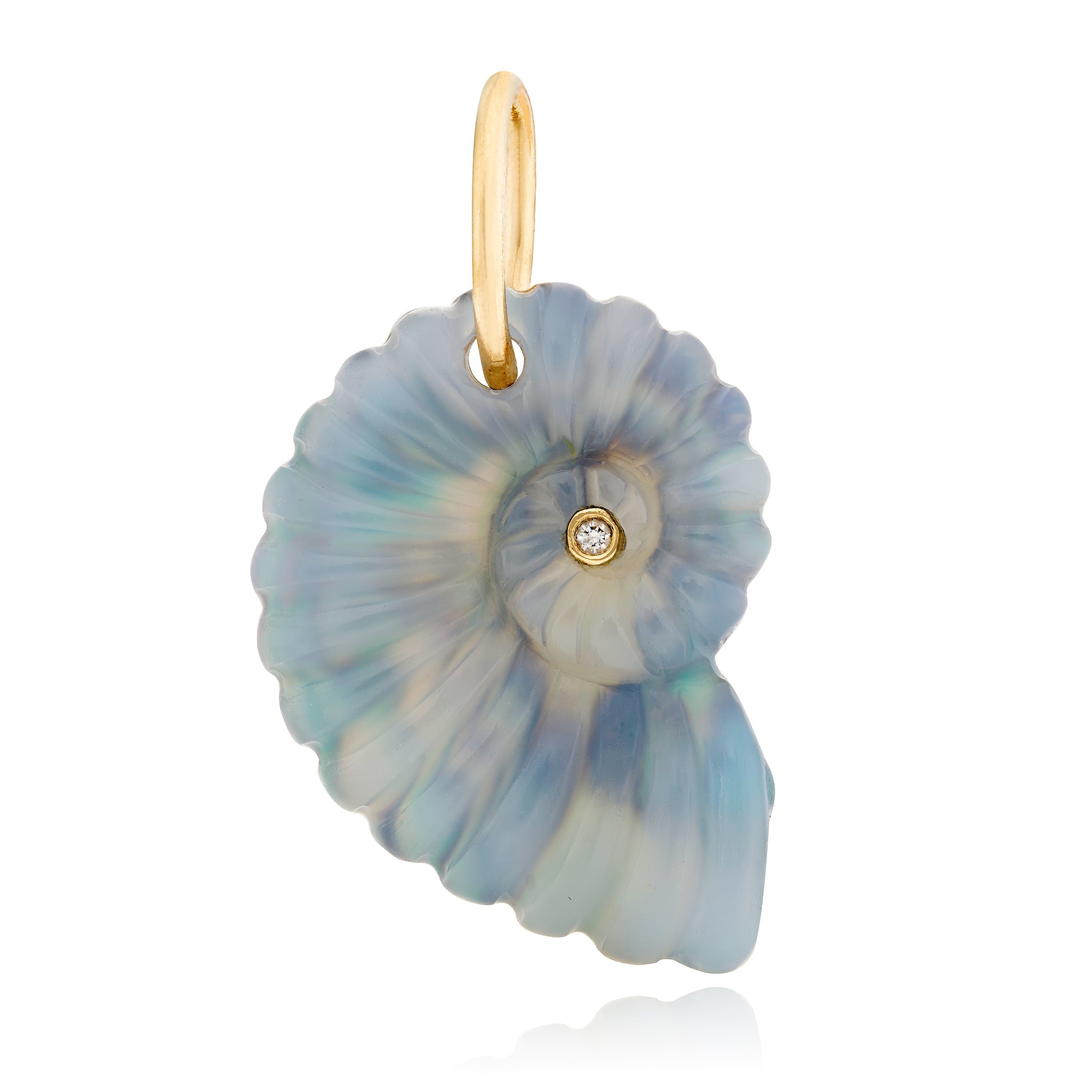 A luminescent ammonite shell charm with a 14k gold loop and a diamond, hand-carved from abalone and chalcedony, displaying iridescent colors designed by Maura Green