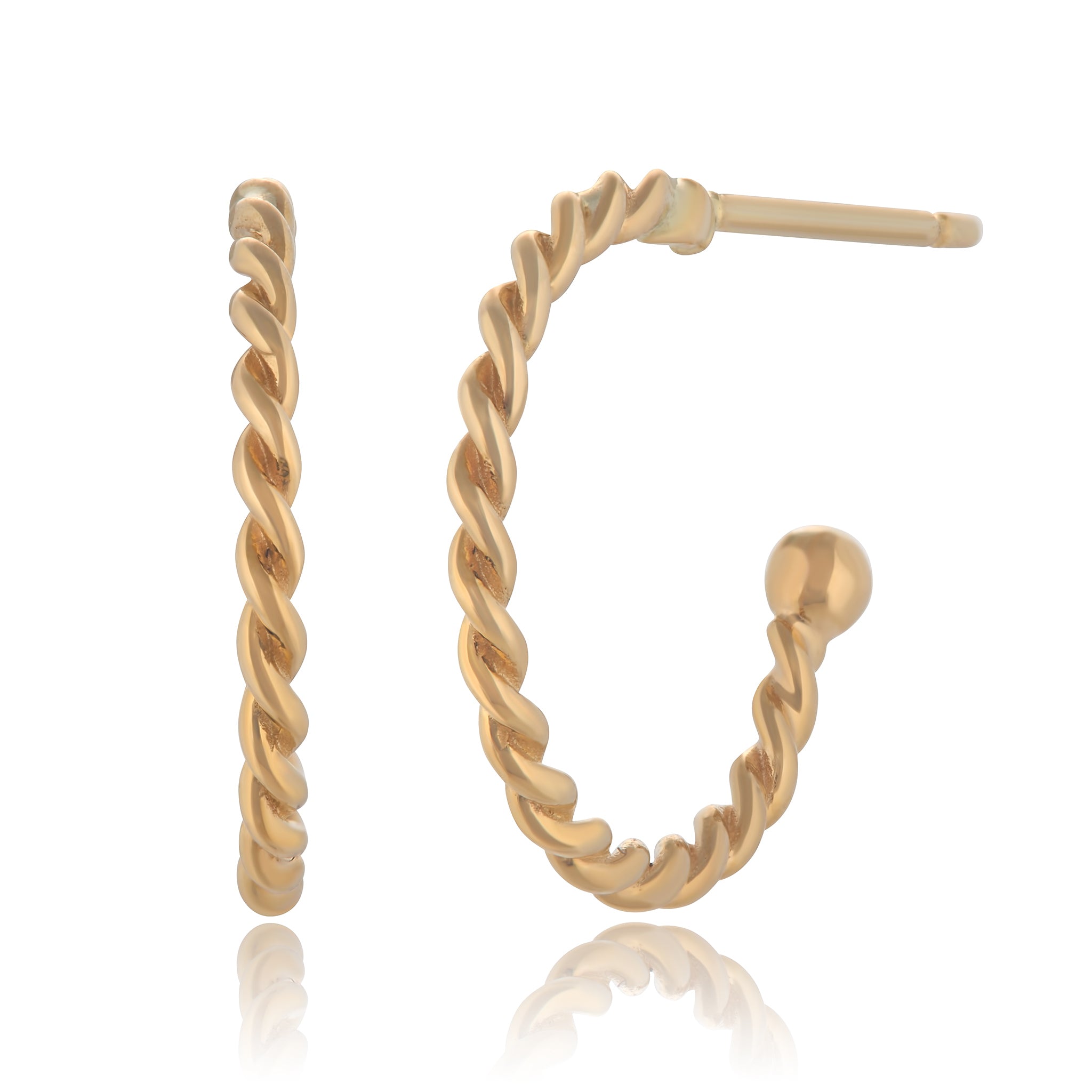 Small yellow gold twisted wire hoop earrings with a straight post against a white background designed by Maura Green