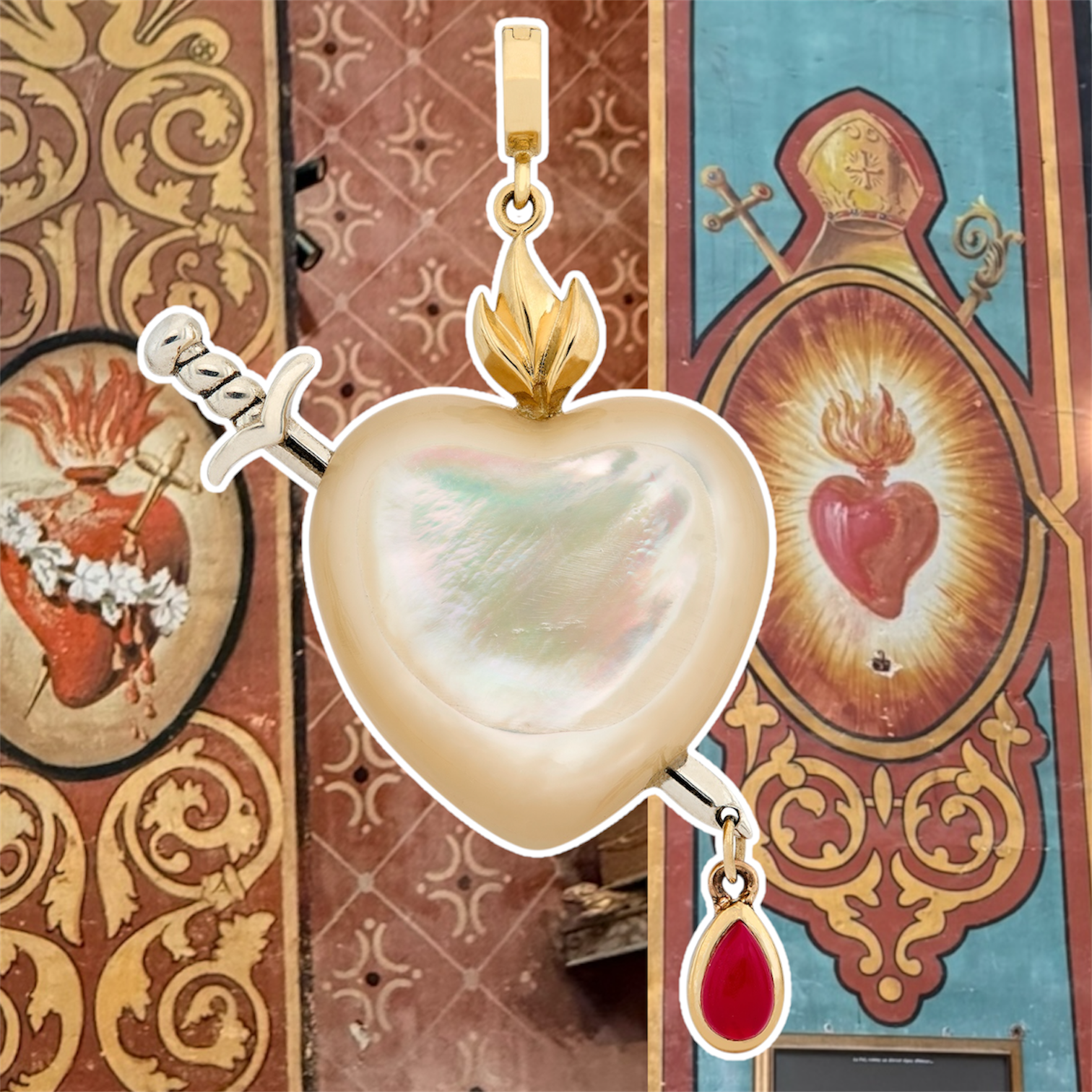 Sacred Heart against a blue and red fresco background