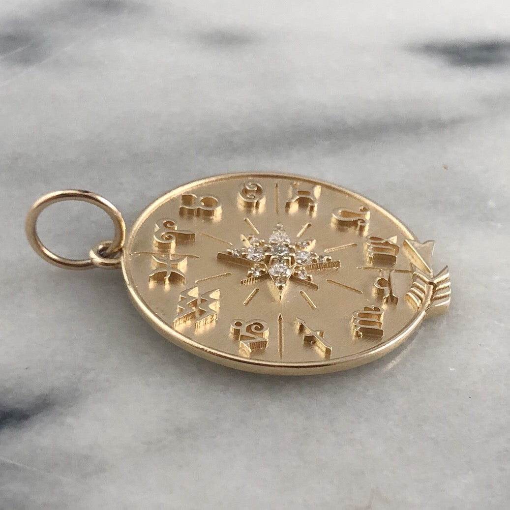 Zodiac Wheel in 14K Gold with Diamond Starburst