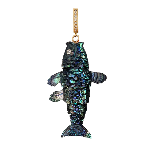 Fish-shaped pendant with abalone shell and diamond designed by Maura Green