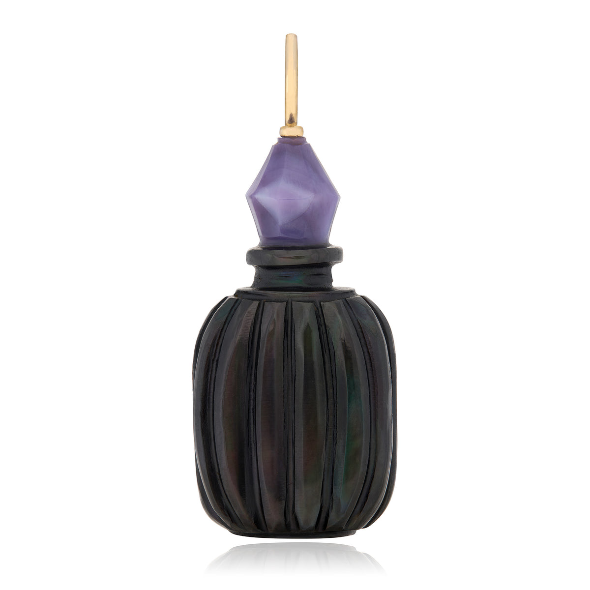 A dark iridescent glass bottle with a faceted purple stopper and a gold metal cap, shown on a clean white background.