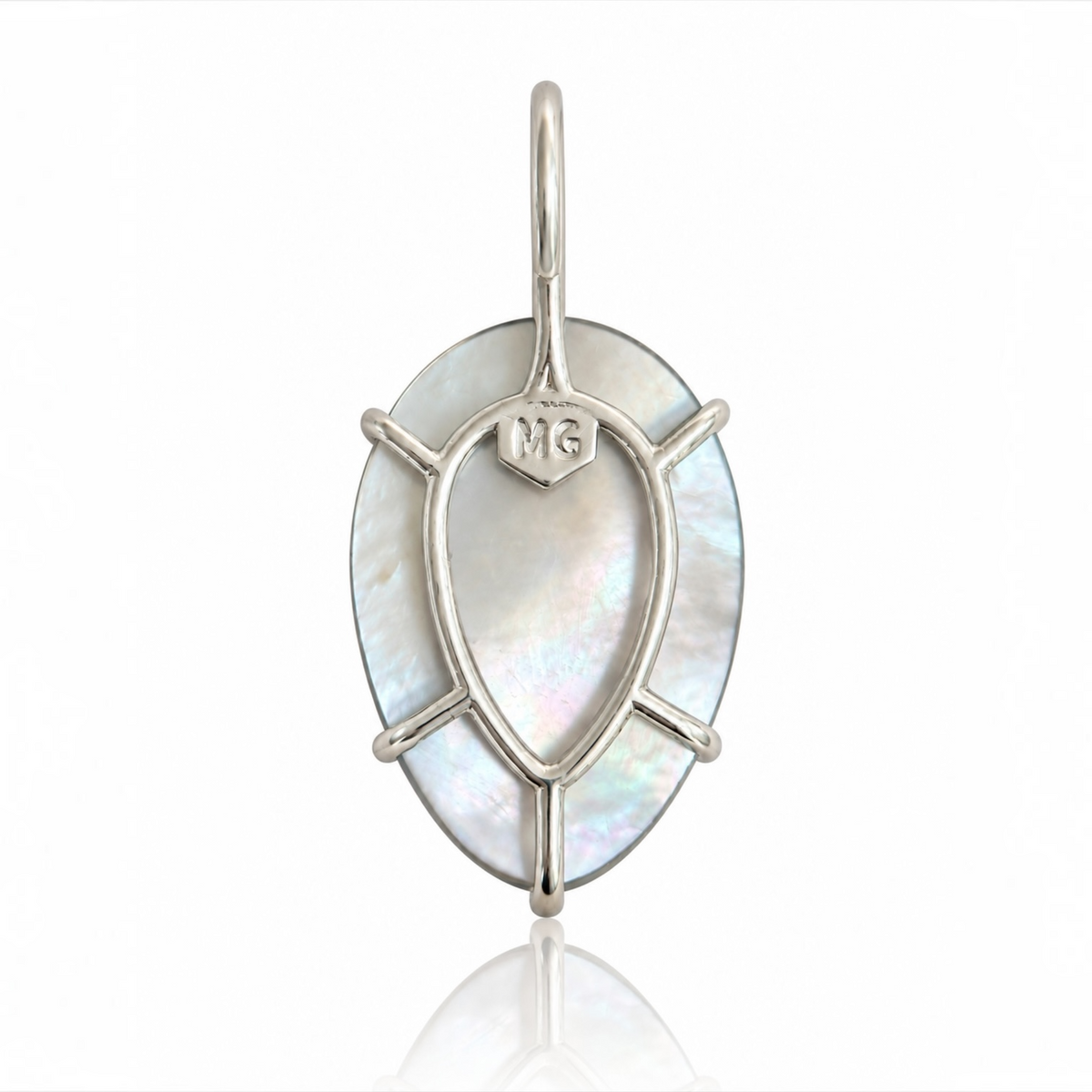 A silver pendant featuring an iridescent pear-shaped mother-of-pearl inlay with a bail at the top, detailed with four prong-like silver extensions and an 'MG' hallmark on a small shield at the top center.