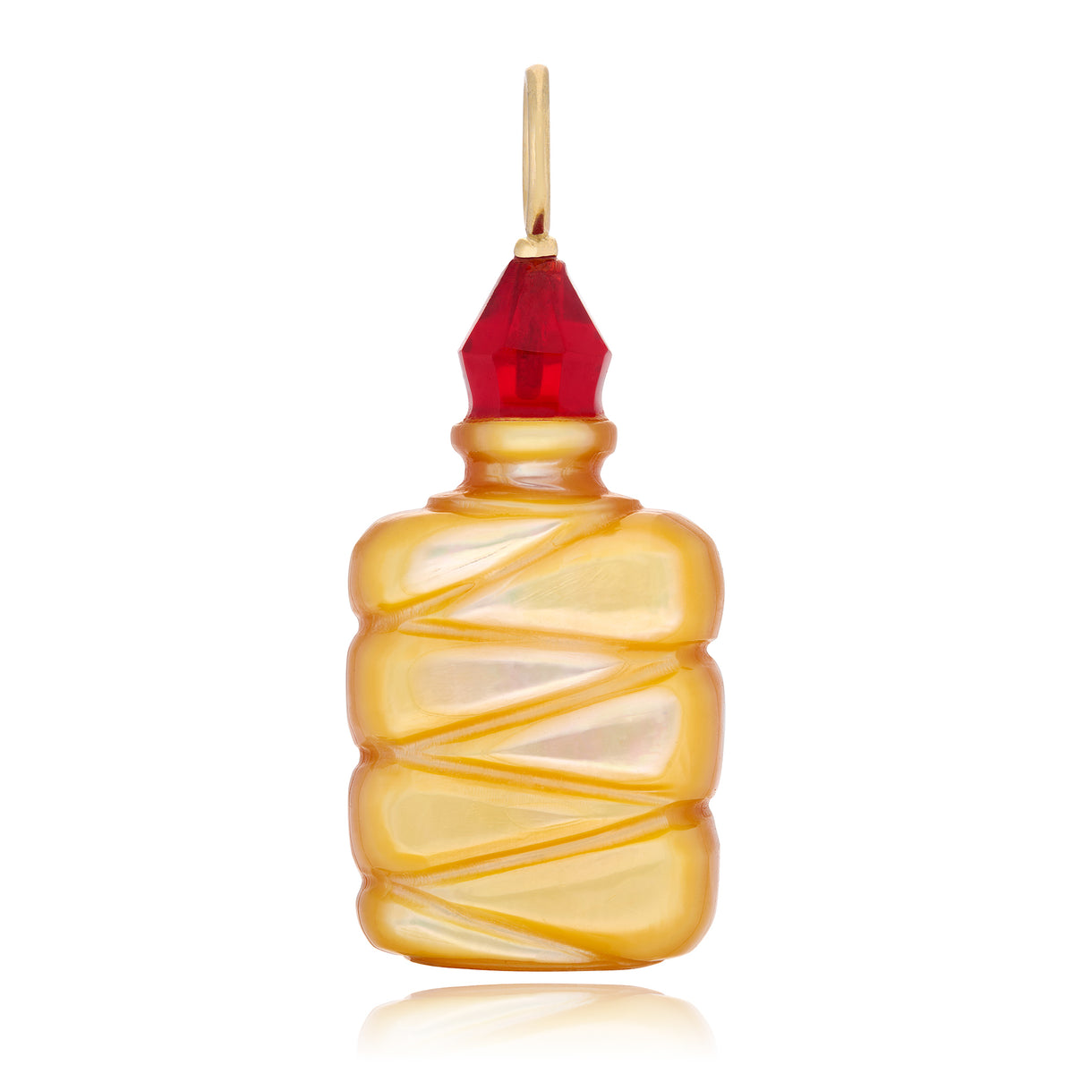 A decorative bottle-shaped pendant or ornament with a golden mother of pearl bottle,  a faceted red chalcedony top, and a small 14K yellow gold bail at the top, shown on a white background. 