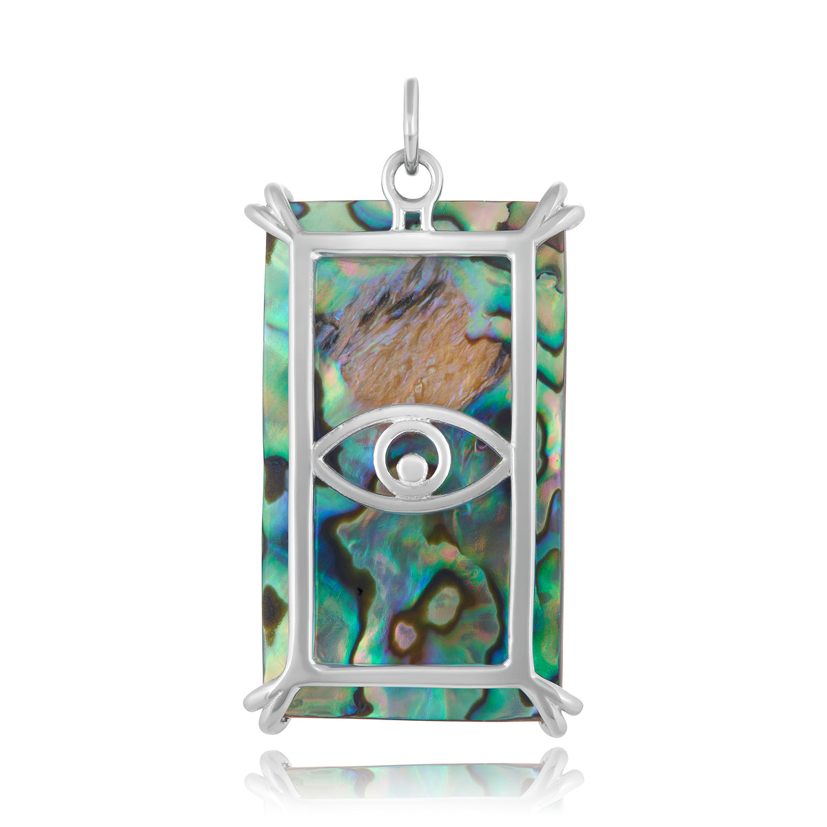Back view of an abalone tarot card charm set in a sterling silver frama with an evil eye on the back.
