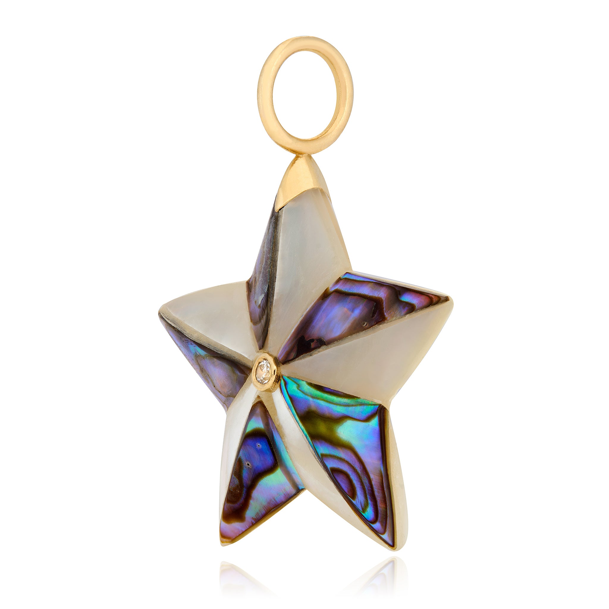 Star-shaped pendant with abalone shell inlay and gold accents on a white background