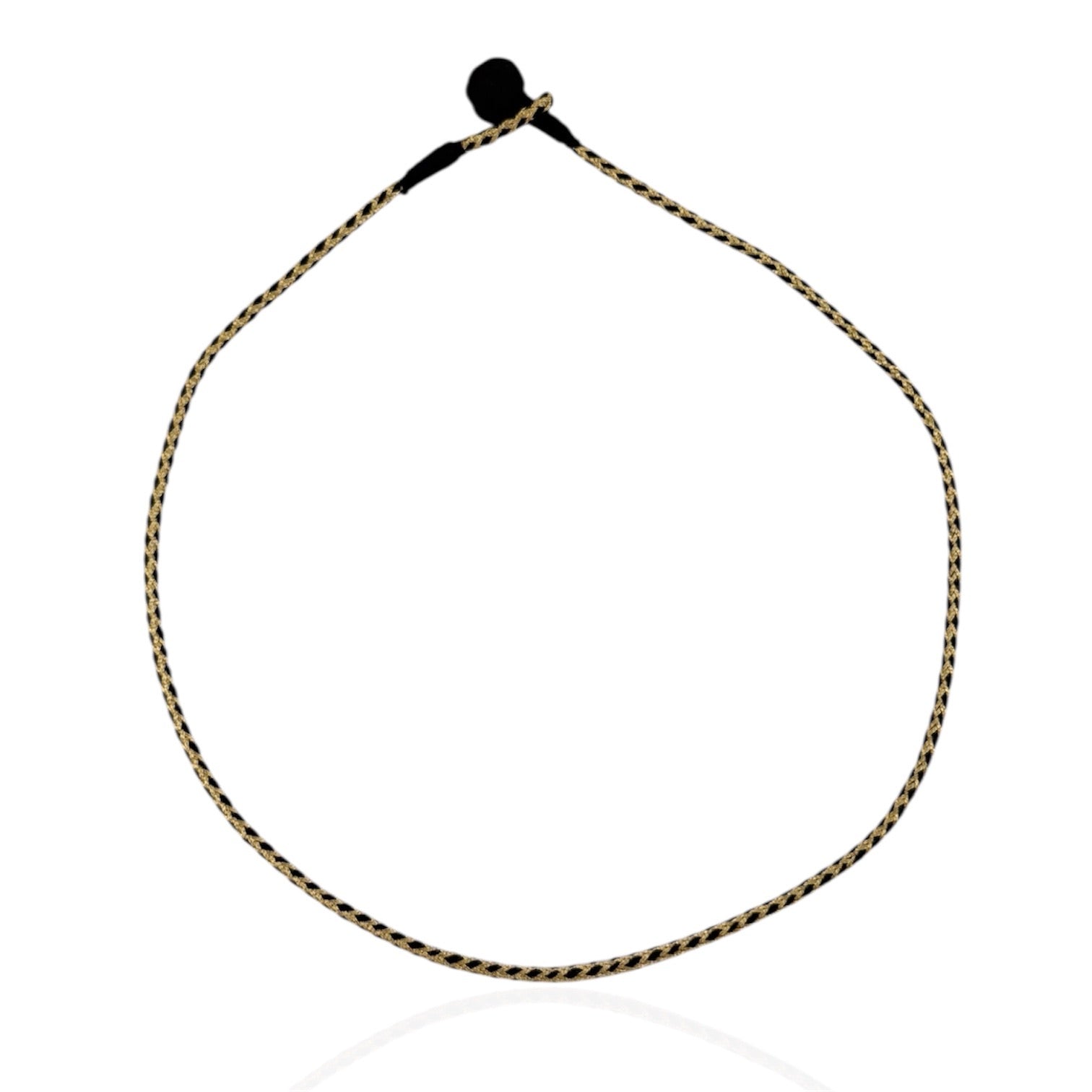 A Black and Gold braided Silk Cord Necklace shown against a wite background.