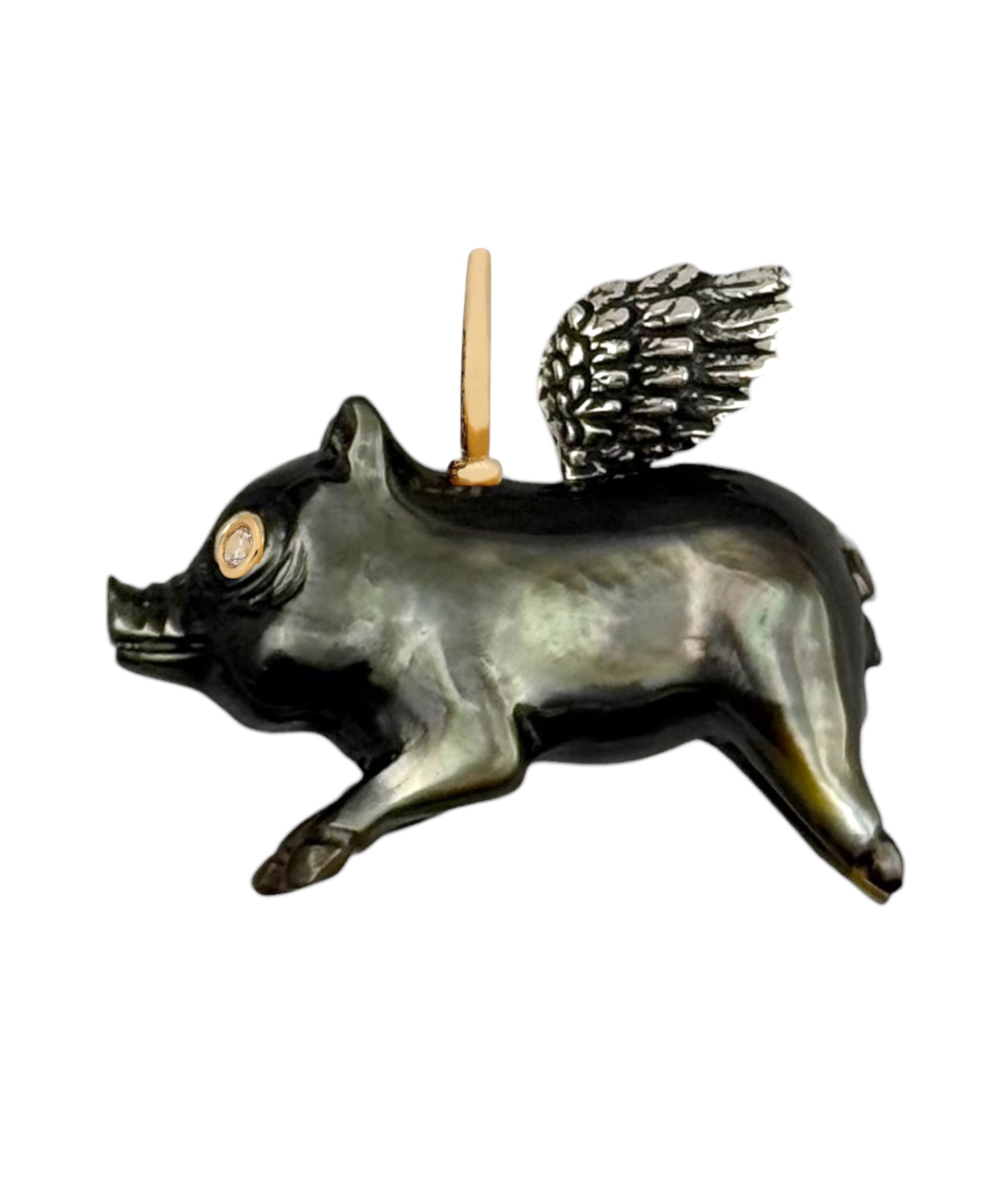 Decorative flying pig charm with silver wings and diamond eyes designed by Maura Green