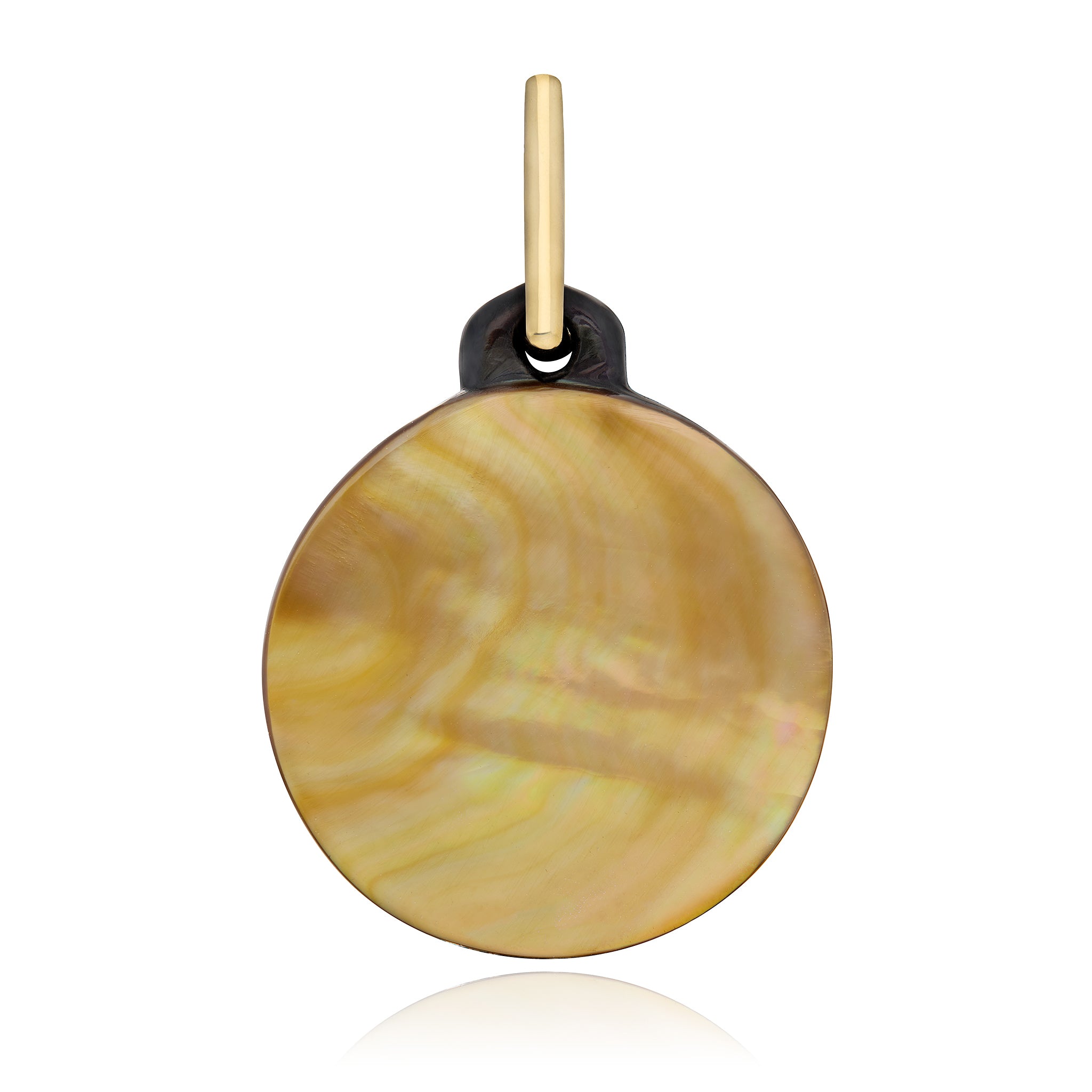 A round disc pendant made of iridescent mother-of-pearl shown against a plain white background. Designed by Maura Green Jewelry.