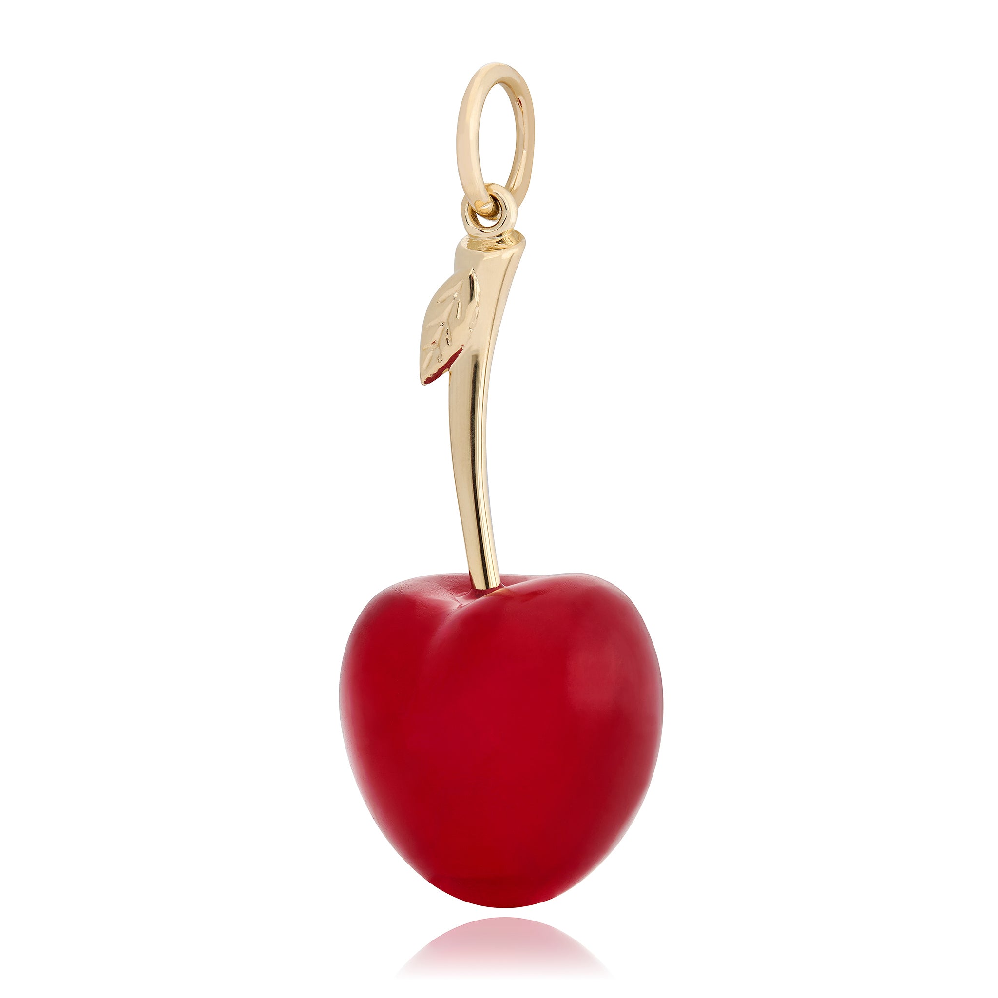 Maura Green red cherry-shaped pendant with 14K yellow gold stem on a white background