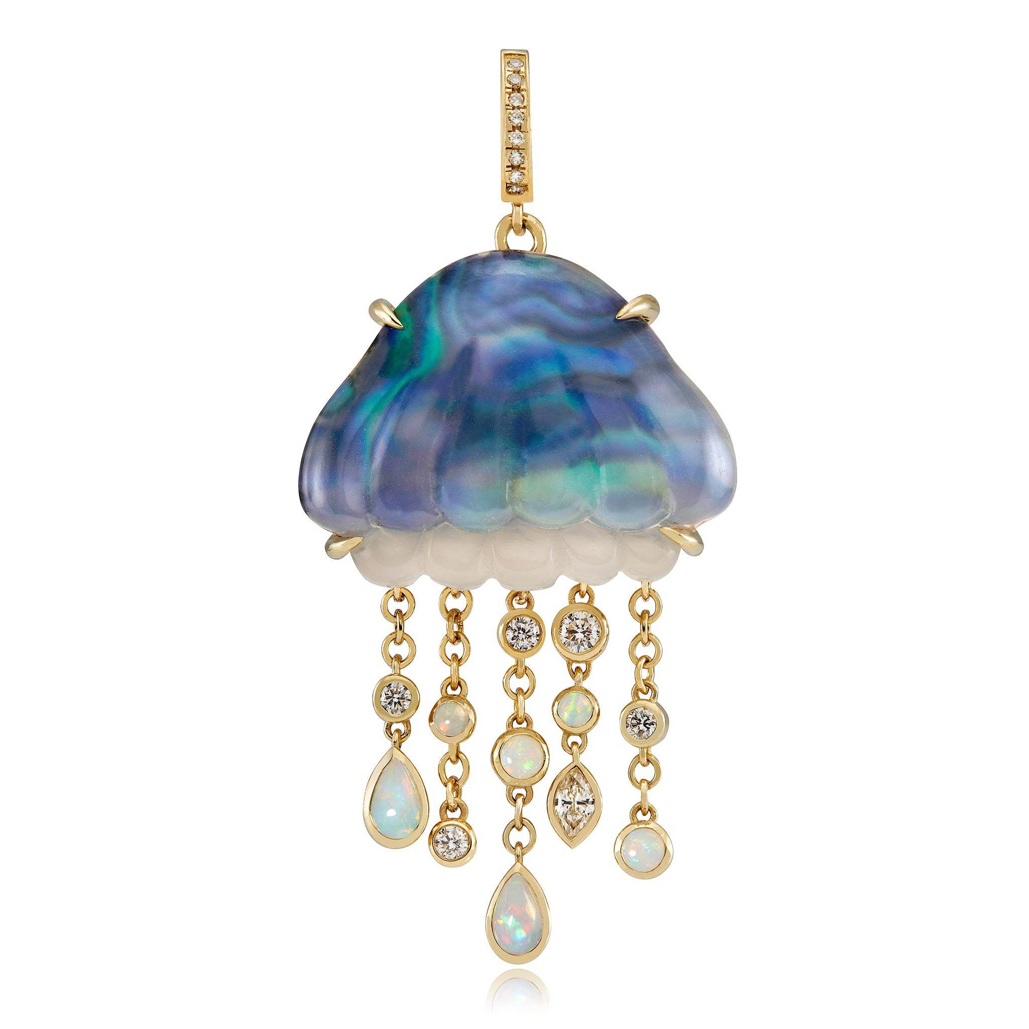 A bio luminescent jellyfish necklace with hand carved chalcedony over abalone, set in 14K yellow gold. It features dangling tentacles with diamonds and opals.