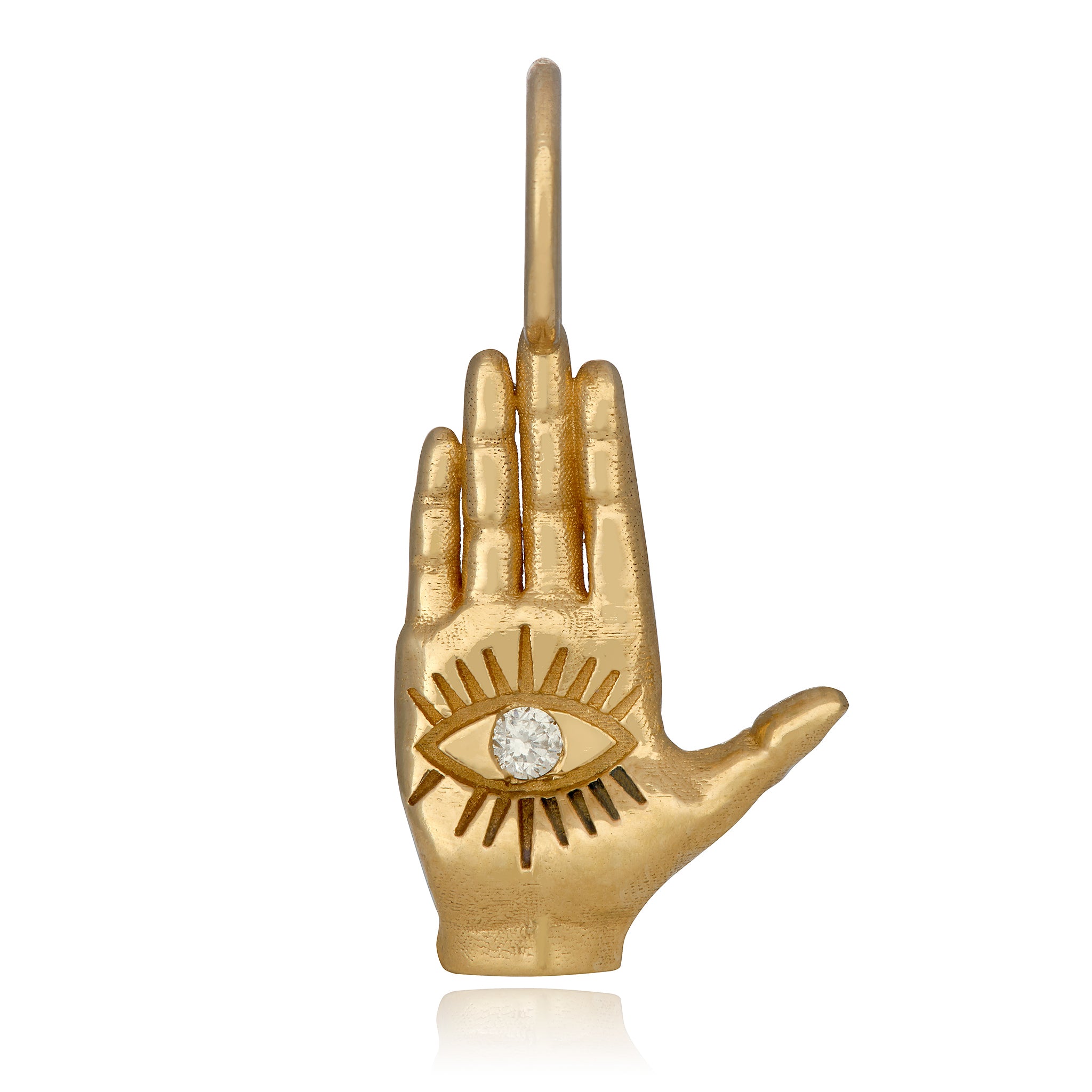 A 14K yellow gold figural hand charm in a hamsa shape with a diamond in the center of an eye design the hand's palm, against a white background designed by Maura Green Jewelry for her ladyfinger collection.