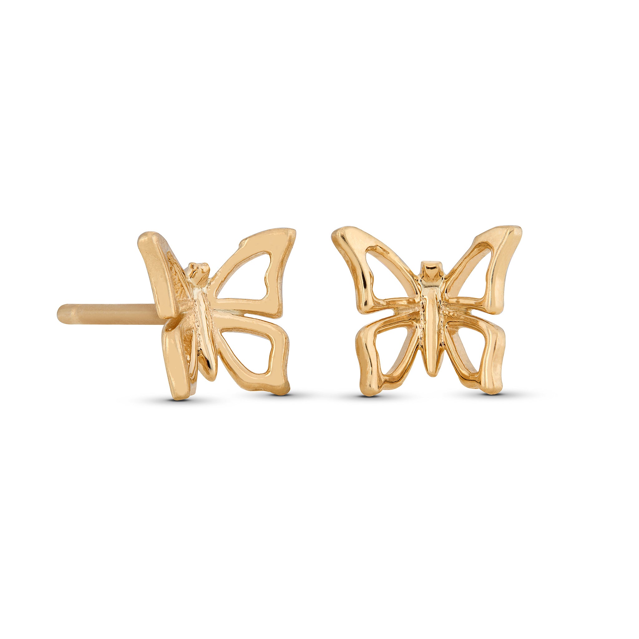 Yellow gold butterfly earrings on a white background designed by Maura Green