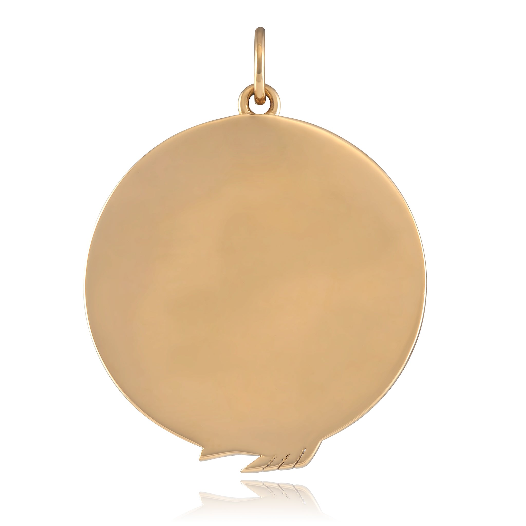 back view of a smooth gold medallion against a white background