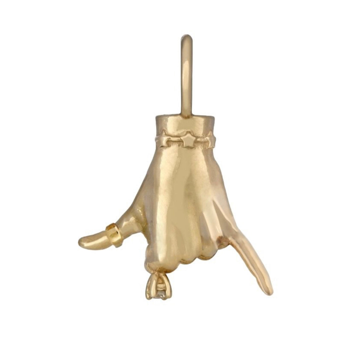 A 14K gold-colored Shaka LadyFinger  charm in shaka hand gesture, commonly associated with the aloha spirit and surfing culture, shown on a white backdrop, designed by Maura Green Jewelry.