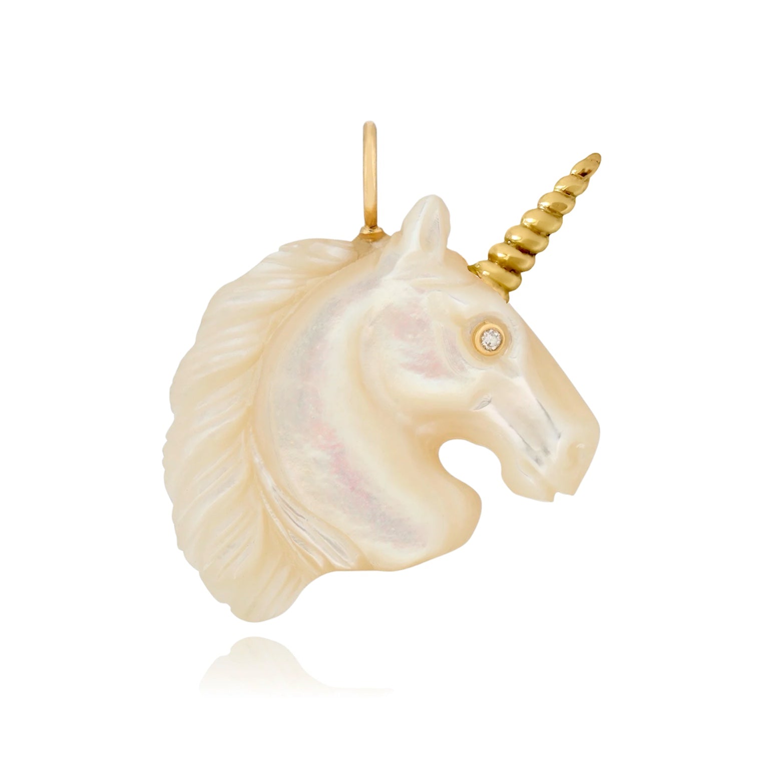 Unicorn head pendant with gold horn designed by Maura Green