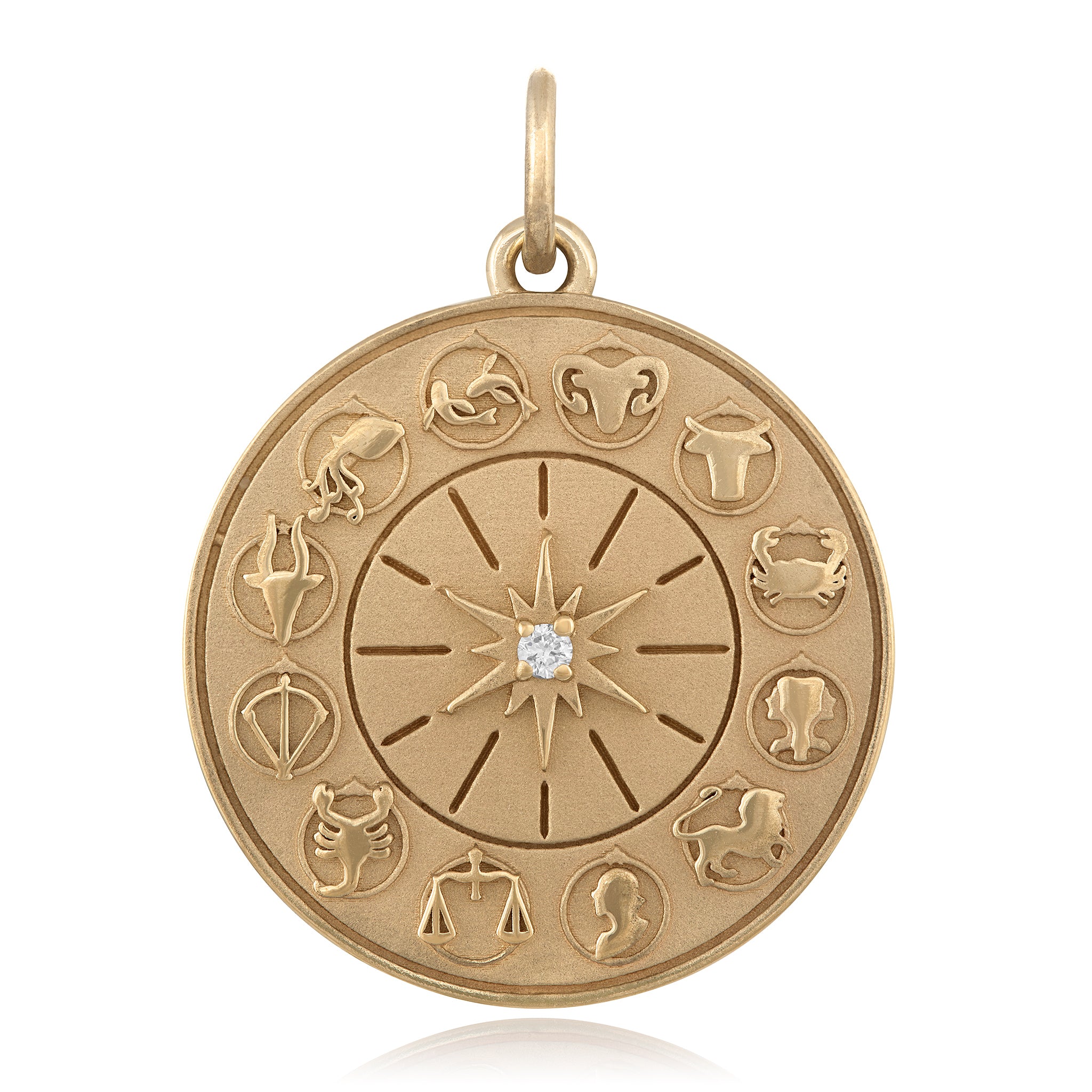 A 14K gold zodiac wheel charm with diamond in the center, featuring various zodiac signs around the outer edge designed by Maura Green Jewelry