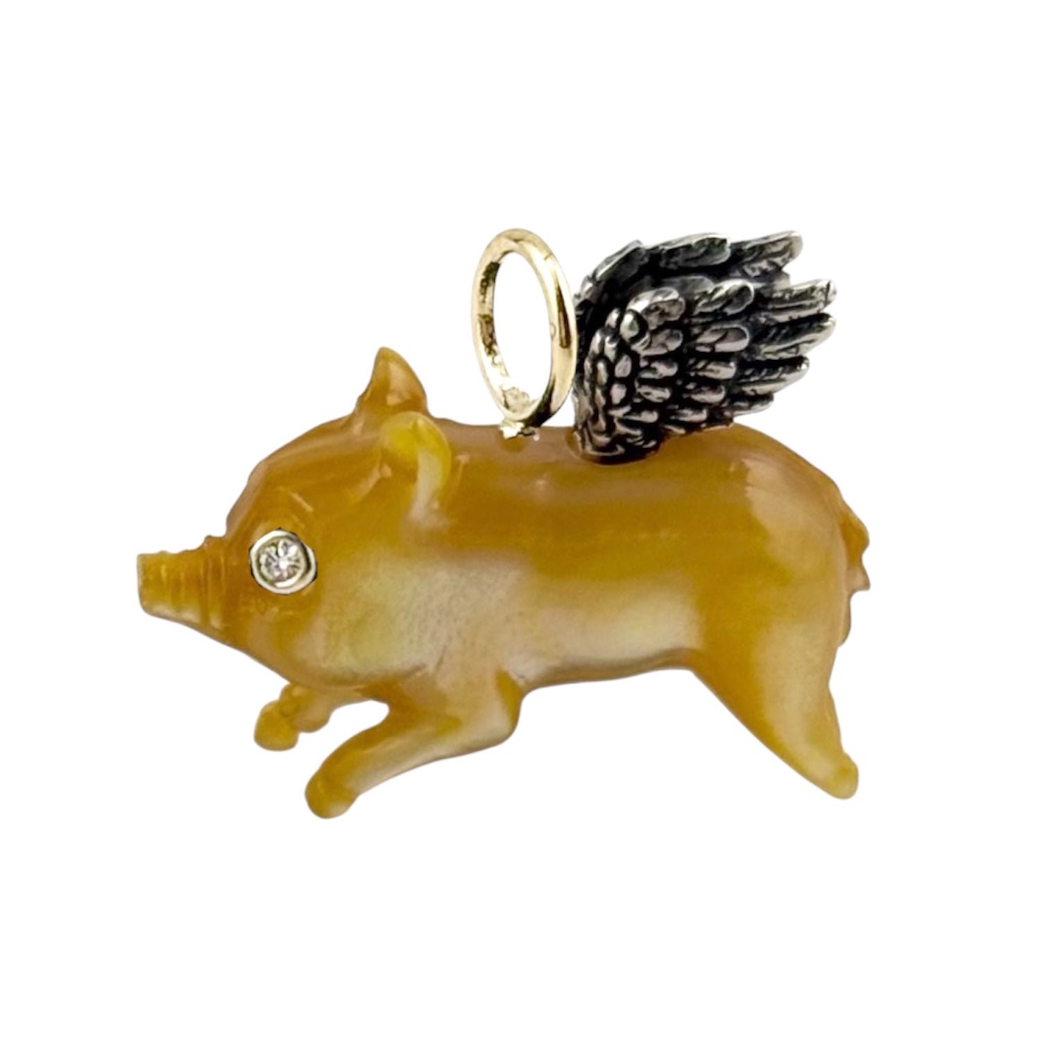 Gold pig figurine charm with silver wings , 14K gold, and diamond eyes designed by Maura Green