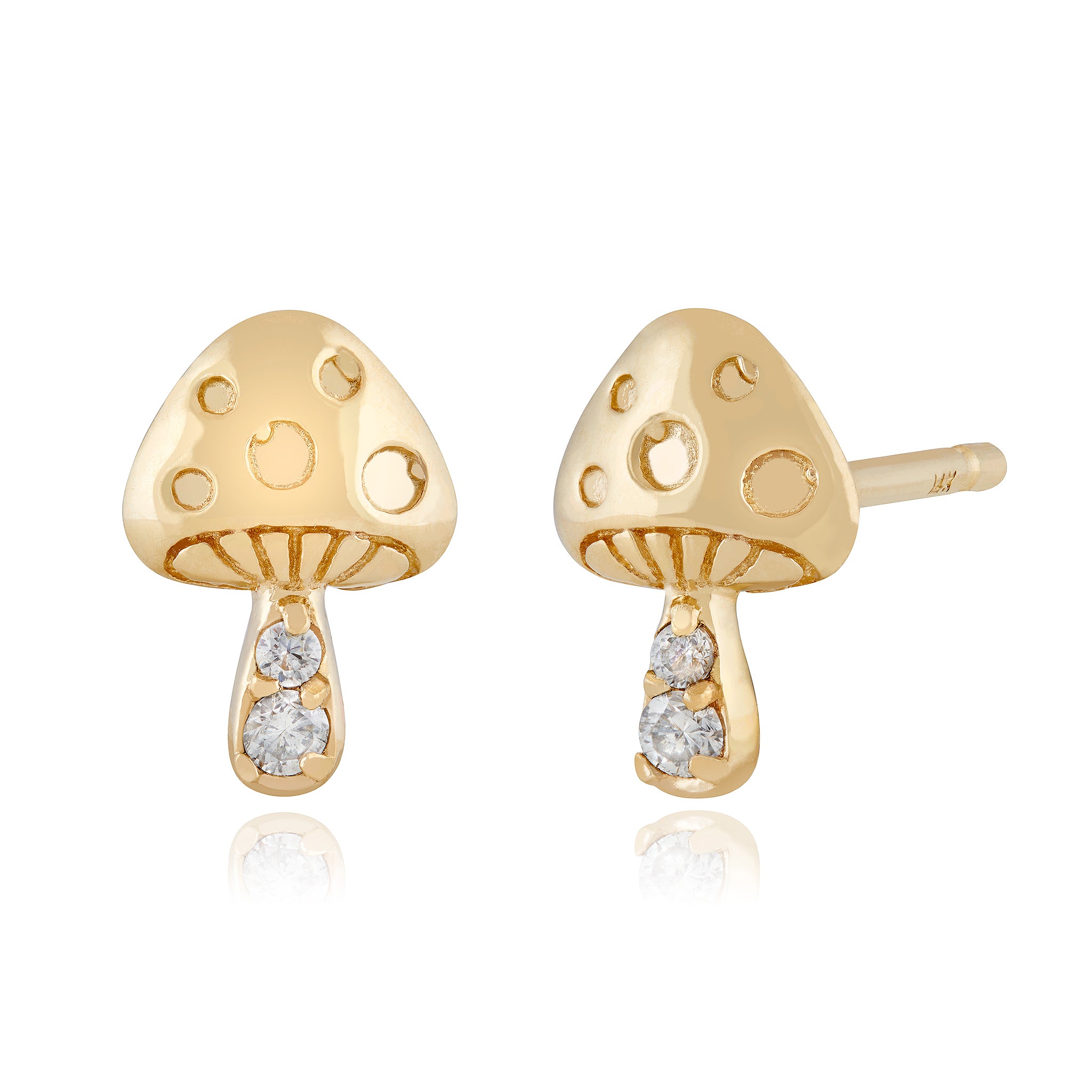Gold mushroom-shaped earrings with diamond accents on a white background designed by Maura Green