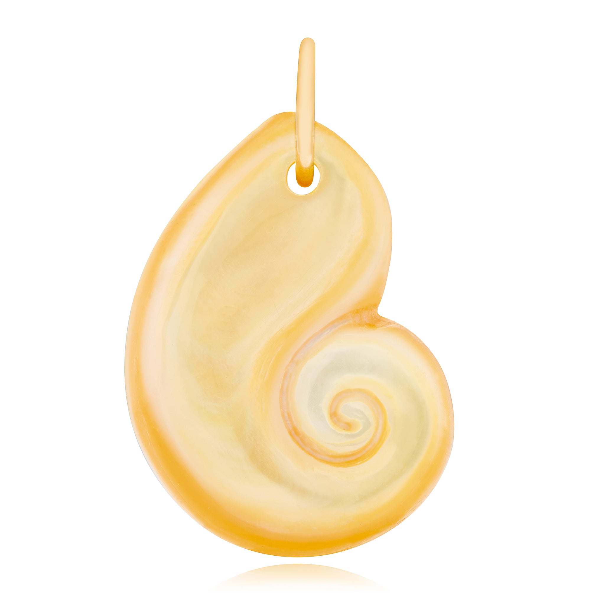A Maura Green Jewelry golden Naultilus shell charm, carved from mother of pearl with a gold bail on a white background.
