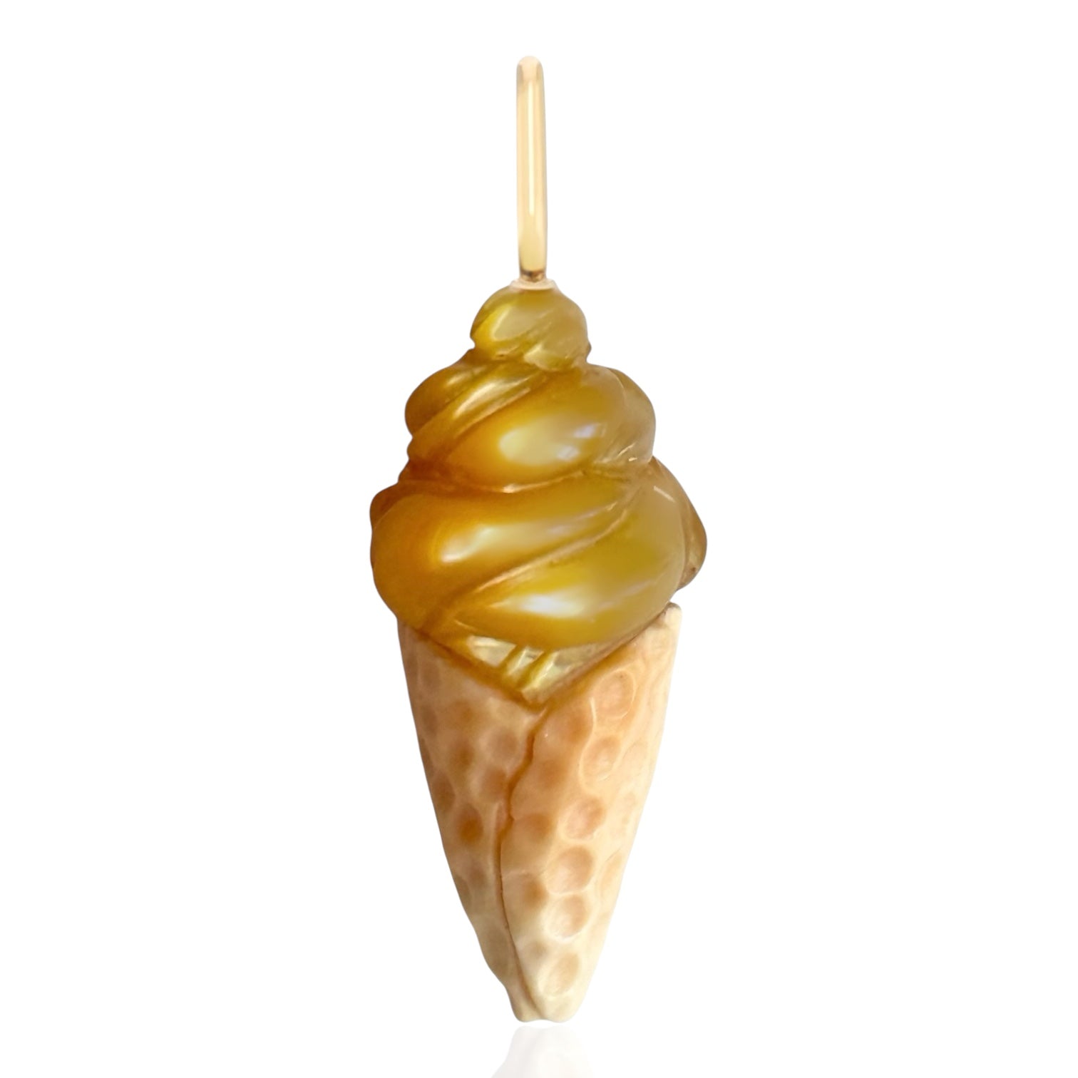 Golden Ice Cream Cone charm on a 14k gold bail on a white background. Designed by Maura Green