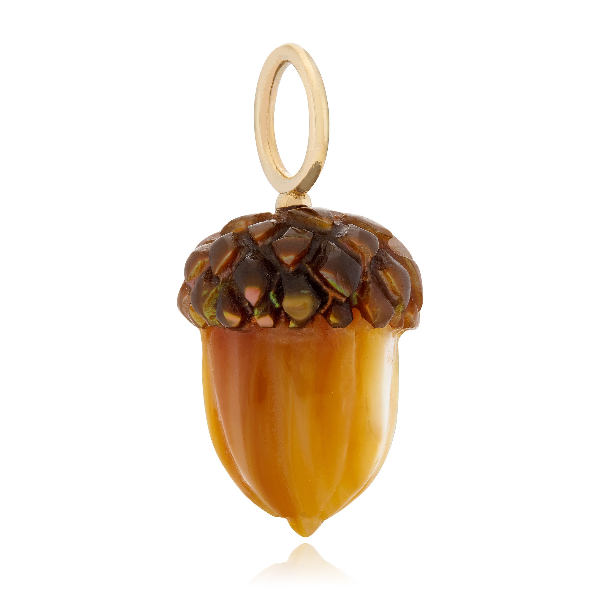 Hand carved golden mother of pearl acorn charm with 14k gold bail designed by Maura Green