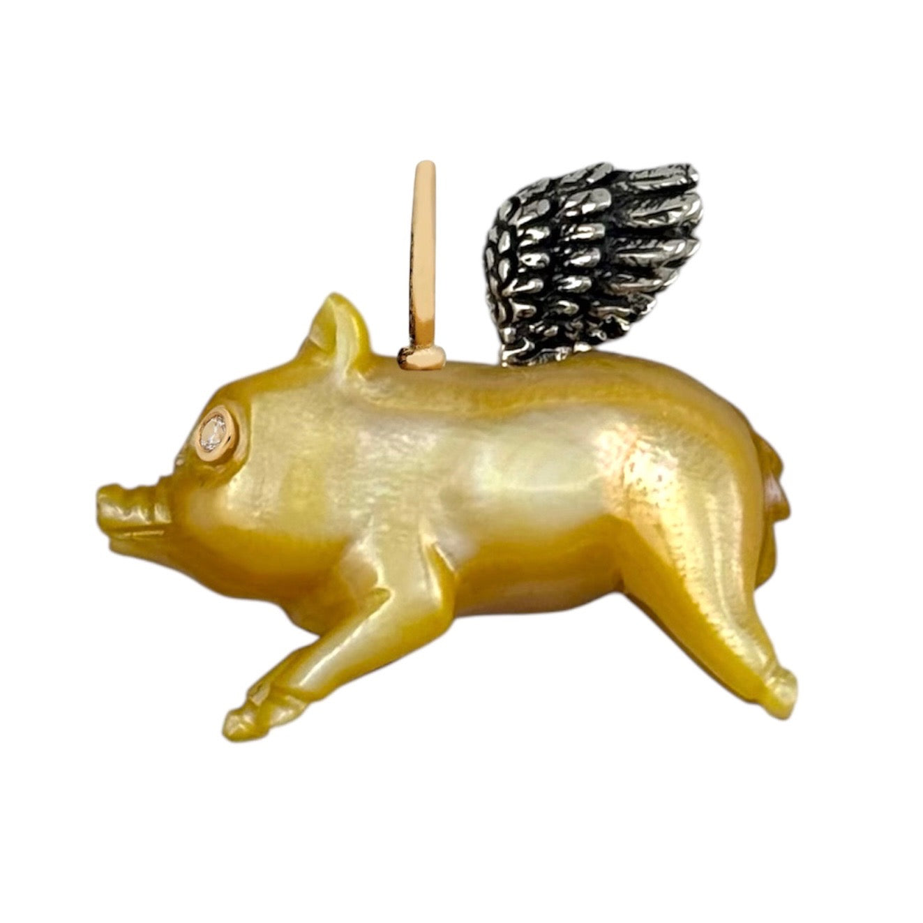 Gold pig figurine charm with silver wings , 14K gold, and diamond eyes designed by Maura Green