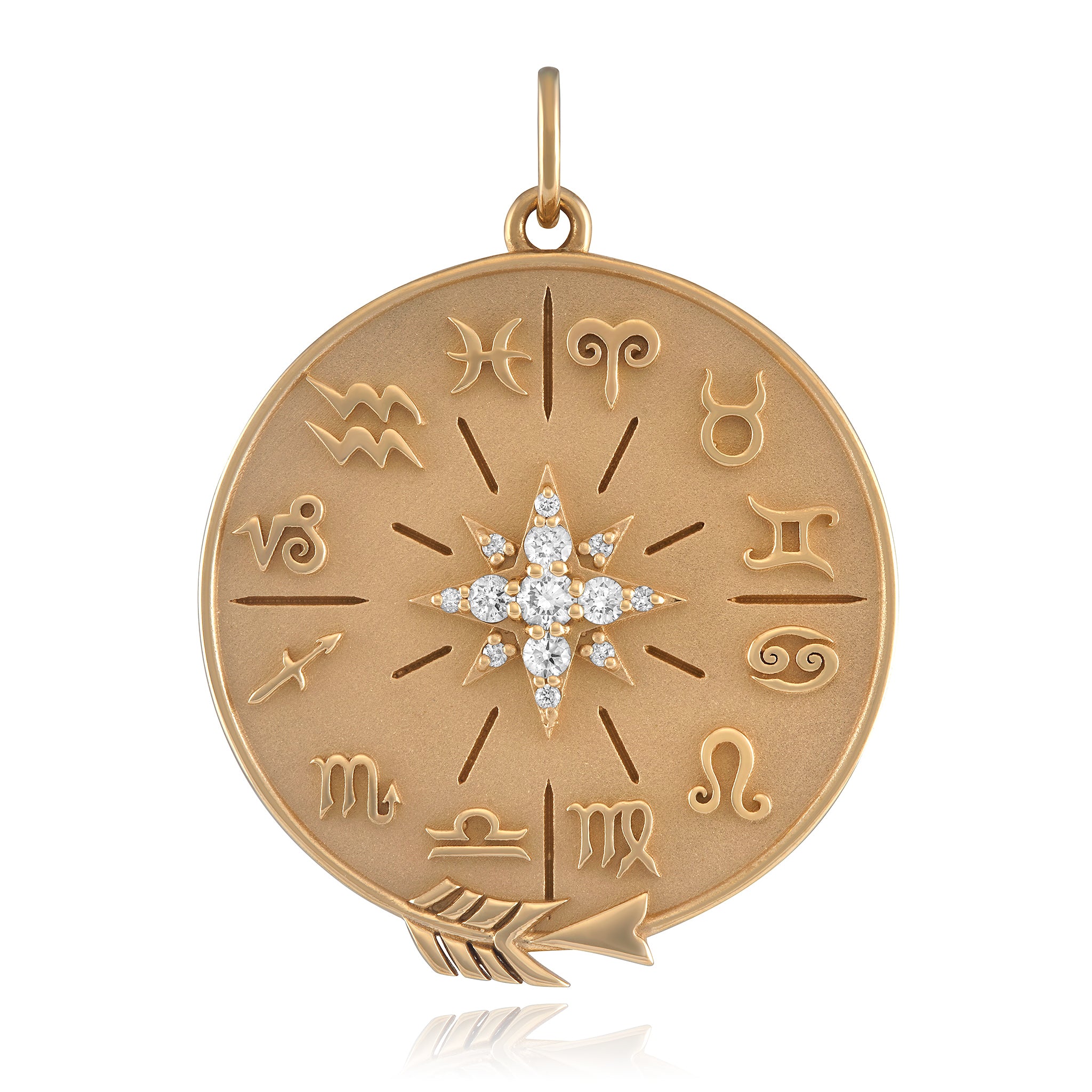 A 14K gold zodiac wheel medallion charm with a diamond starburst in the center, featuring various astrological horoscope symbols around the perimeter against a white background. Designed by Maura Green jewelry.