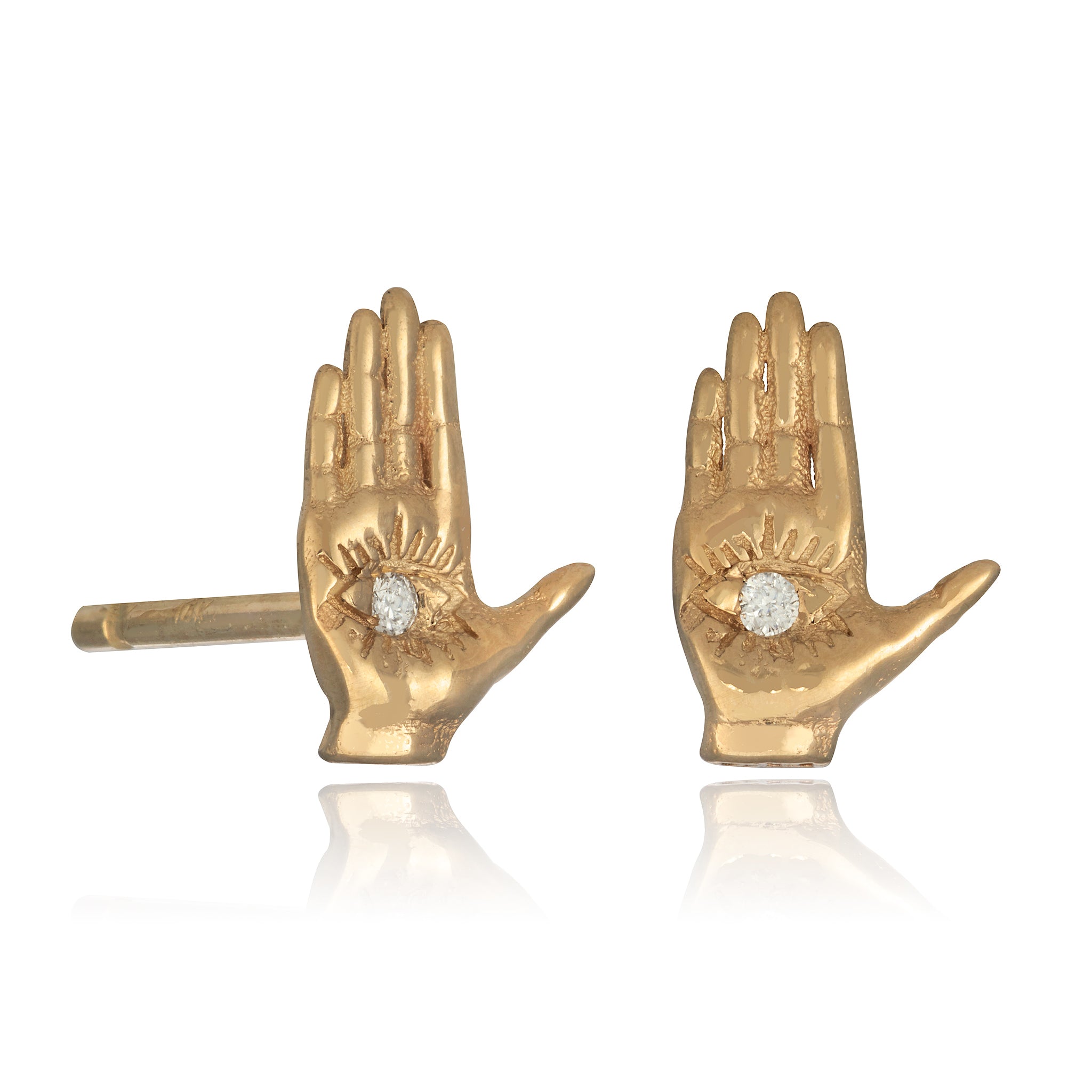 A pair of 14K gold solid gold Hamsa stud earrings with a diamond in the center, from Maura Green's ladyfinger collection.