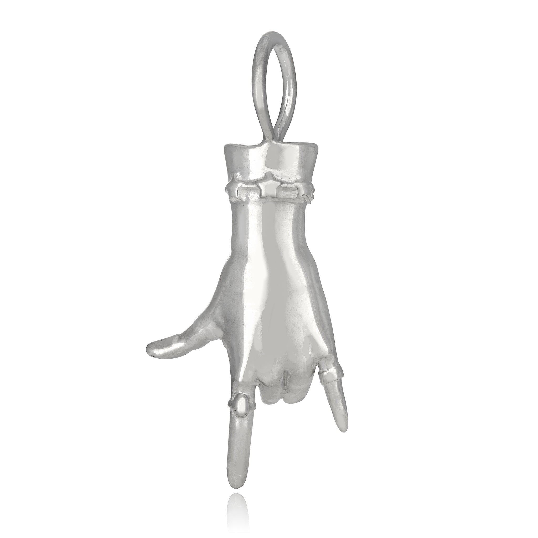 A sterling silver bejeweled figural hand charm designed to say 'I Love You' in American Sign Language, by Maura Green Jewelry for her ladyfinger collection.