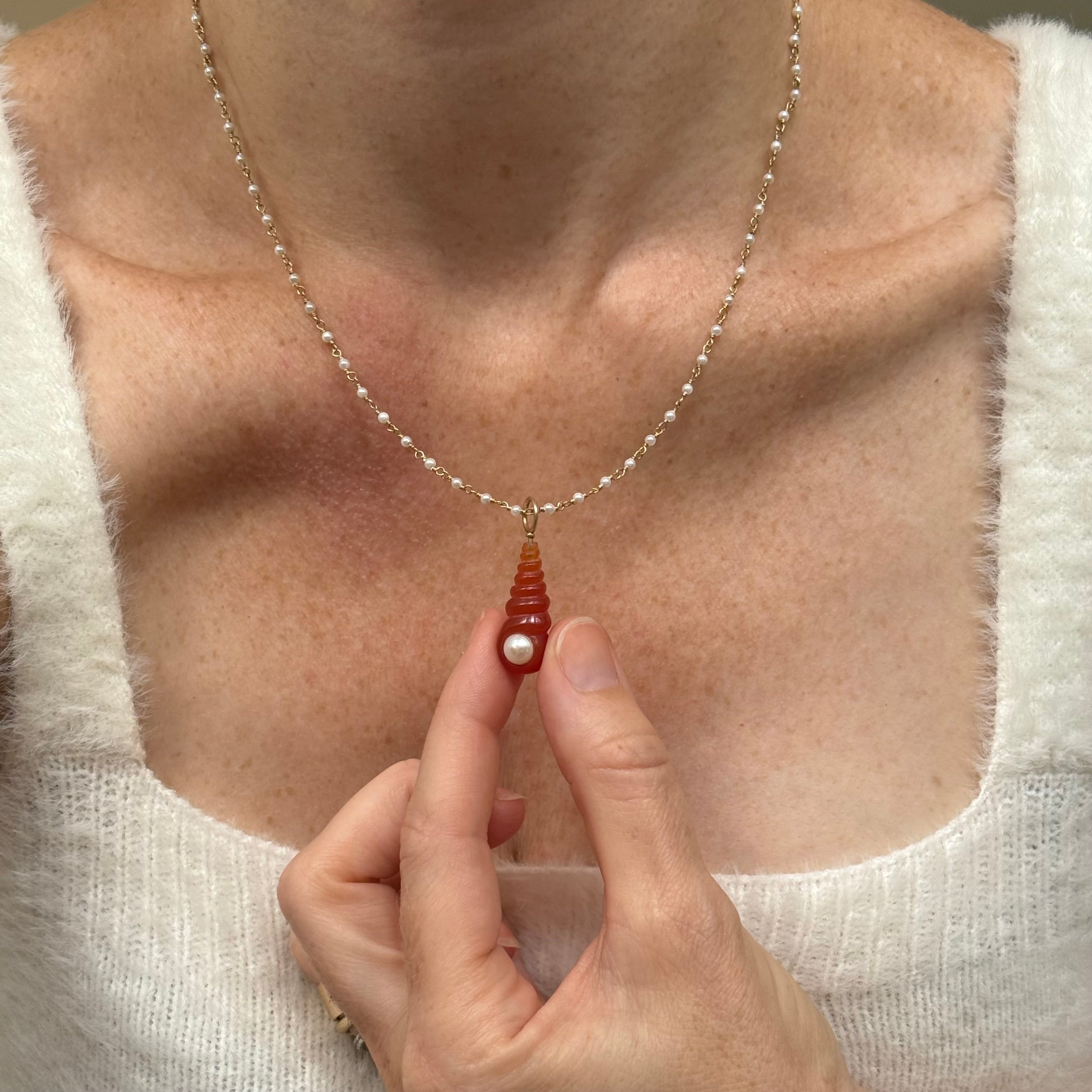 Orange Chalcedony Spiral Shell with pearl