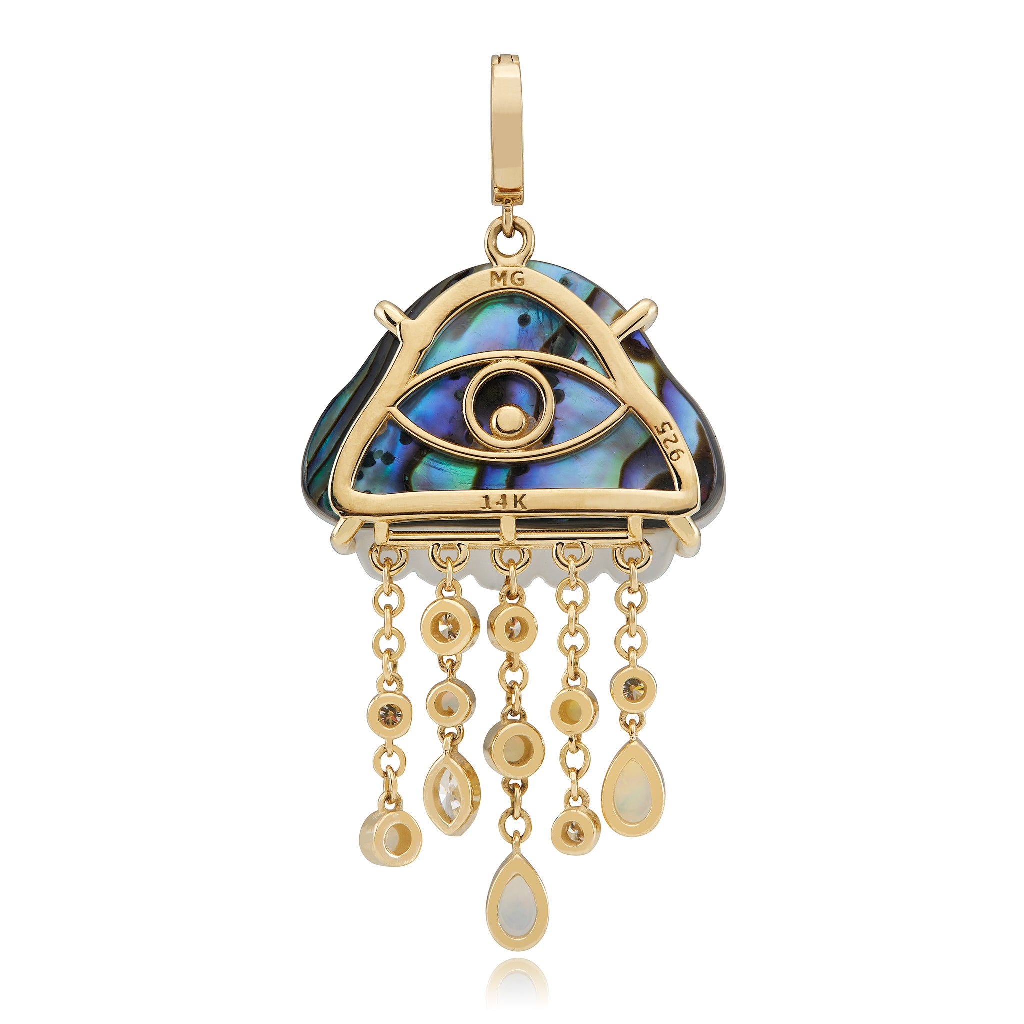 The backside of a bio luminescent jellyfish necklace with hand carved chalcedony over abalone, set in 14K yellow gold. It features dangling tentacles with diamonds and opals. Designed by Maura Green