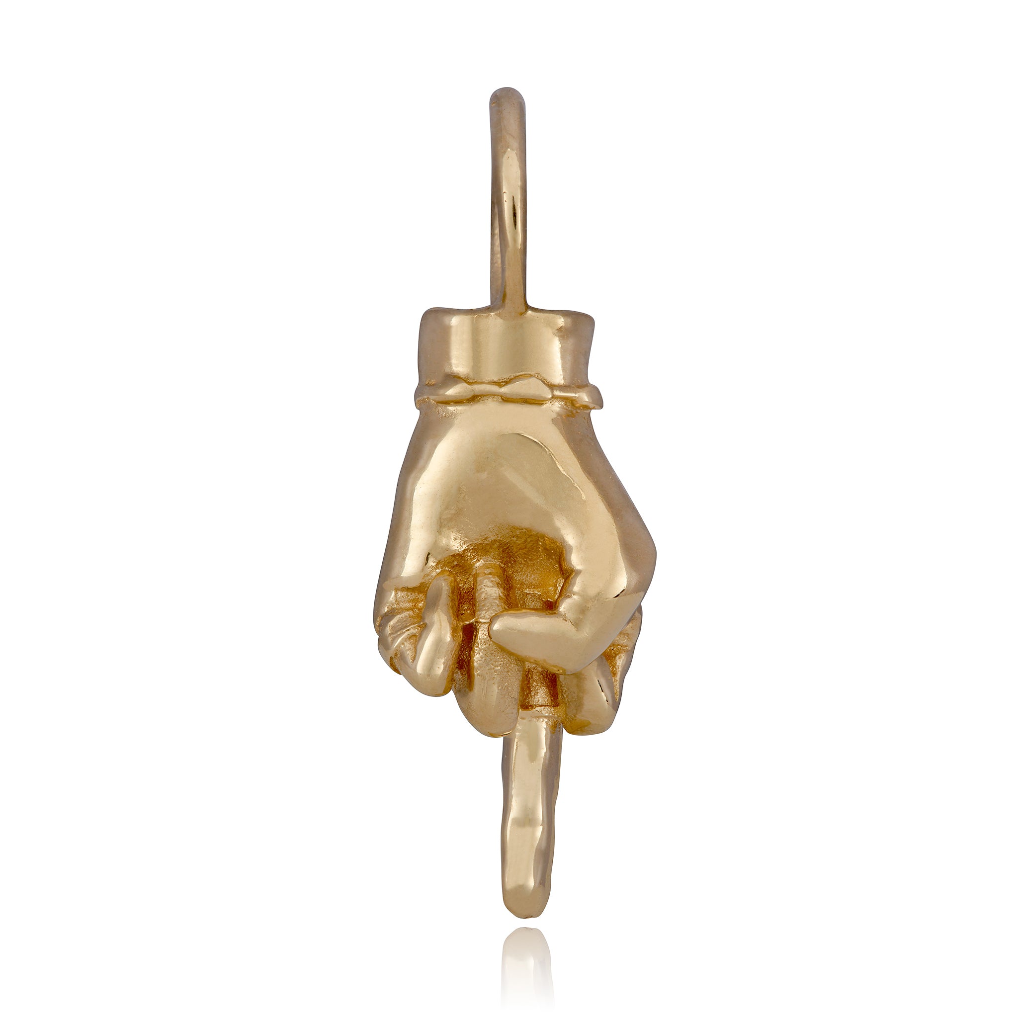 A 14K yellow gold figural hand charm with the fingers folded to make a middle finger gesture designed by Maura Green Jewelry, against a white background.