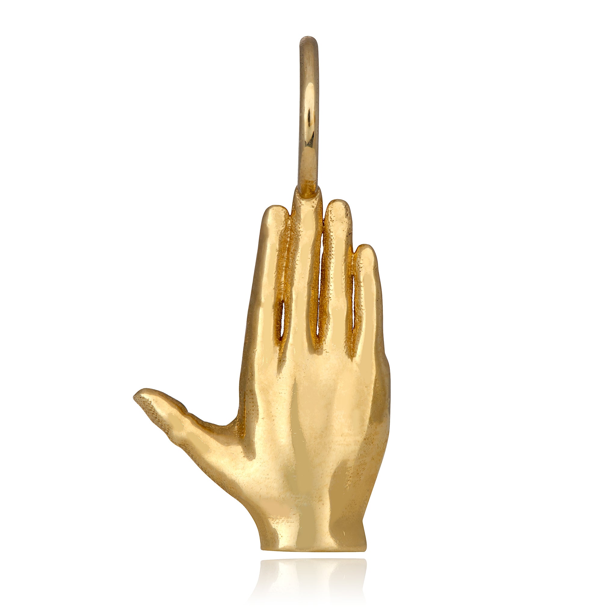 Back view of a 14K yellow gold figural hand charm in a hamsa shape with a diamond in the center of an eye design the hand's palm, against a white background designed by Maura Green Jewelry for her ladyfinger collection.