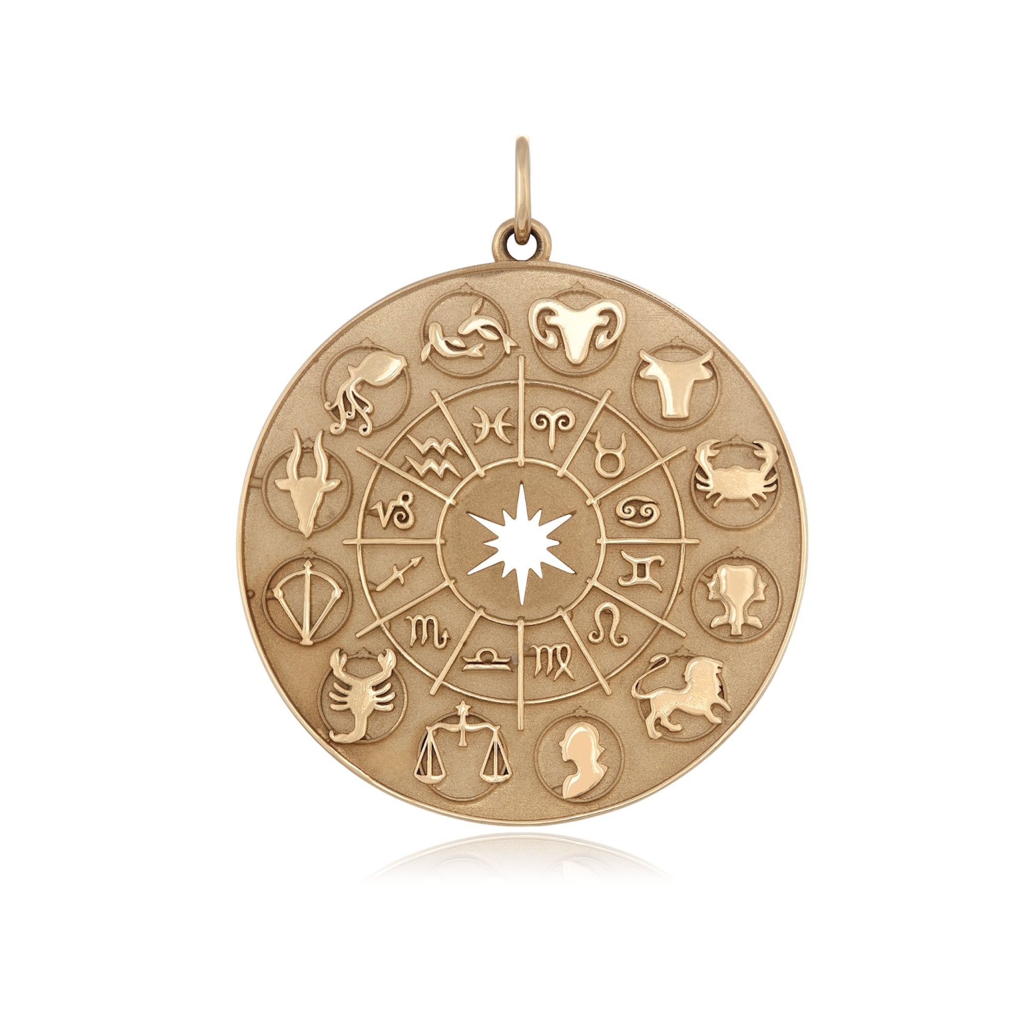A yellow gold circular medallion depicting horoscope symbols in the arrangement of the zodiac wheel, with a pierced out starburst in it's center against a white background.